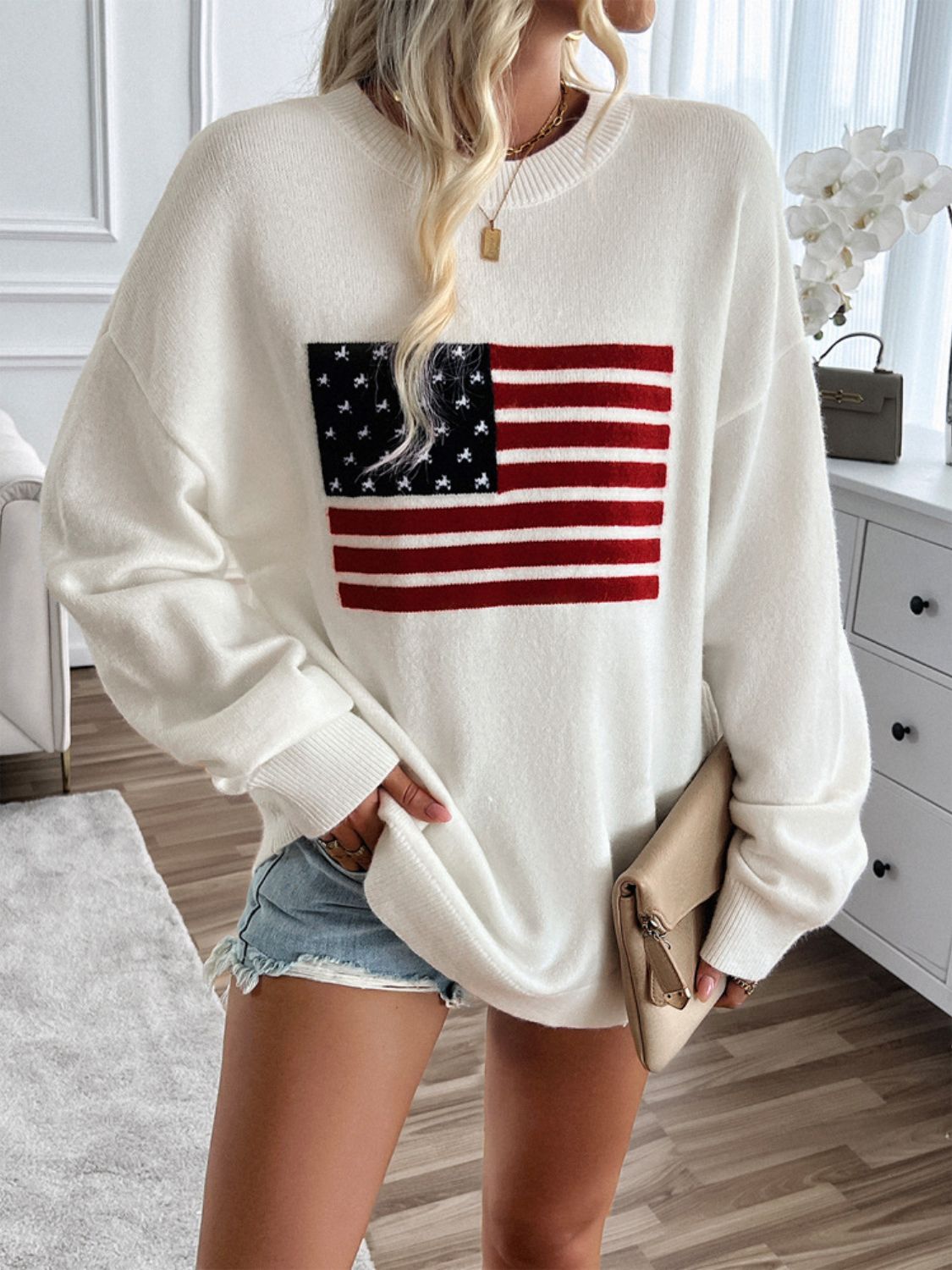 devine us flag round neck long sleeve knit top