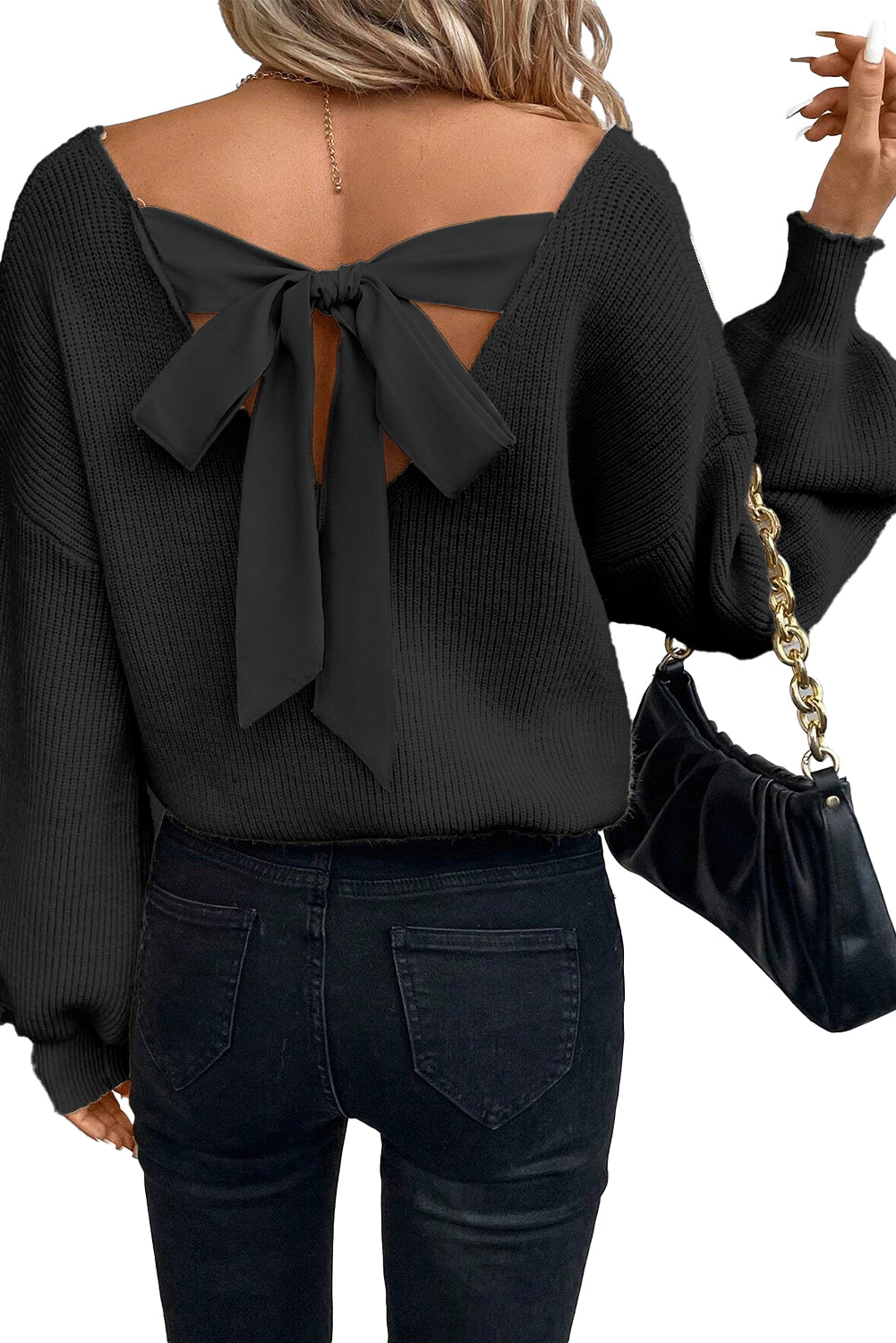 black lantern sleeve v neck knot back sweater