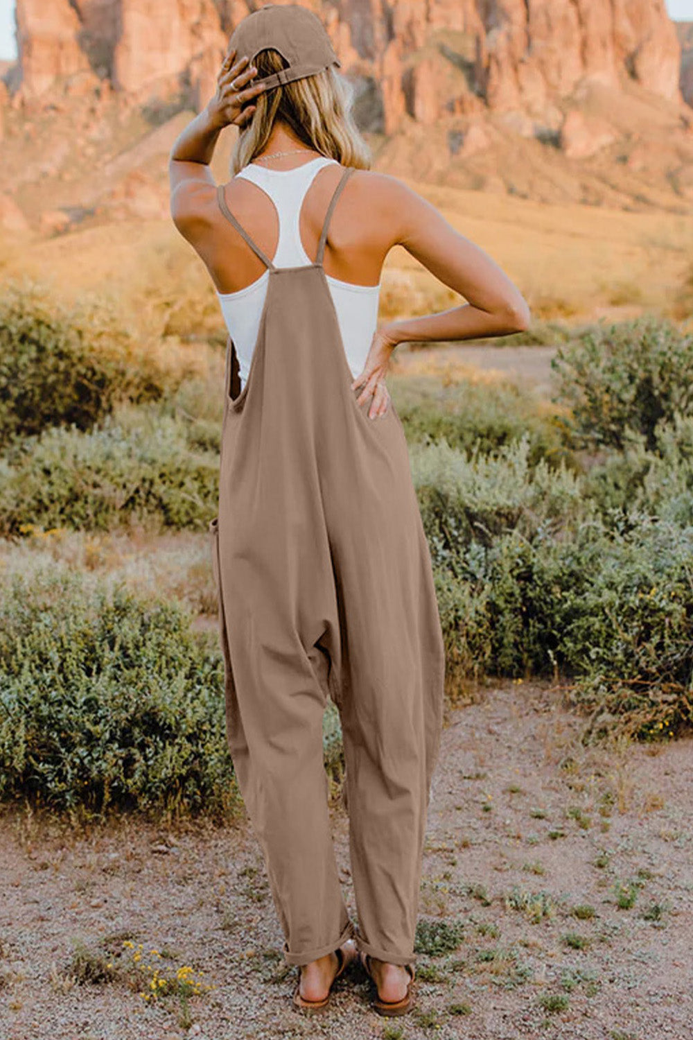 double take full size v-neck sleeveless jumpsuit with pockets
