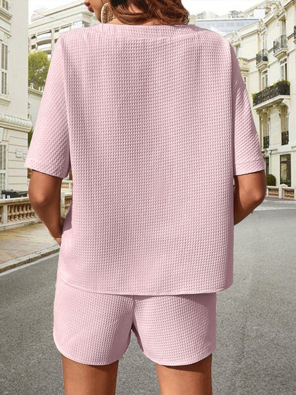 waffle-knit half sleeve top and shorts set