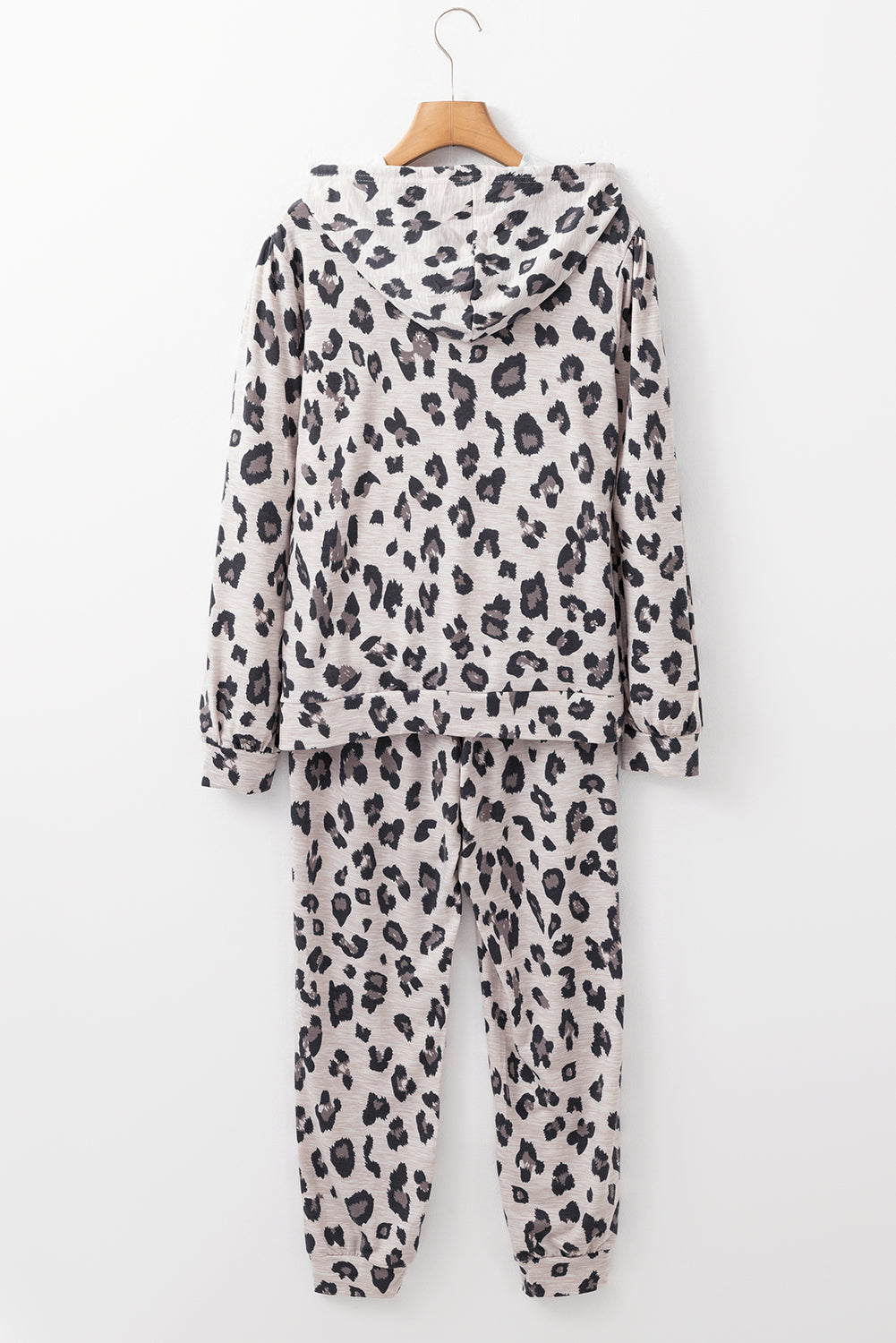 khaki leopard print drawstring hoodie and skinny pants lounge set