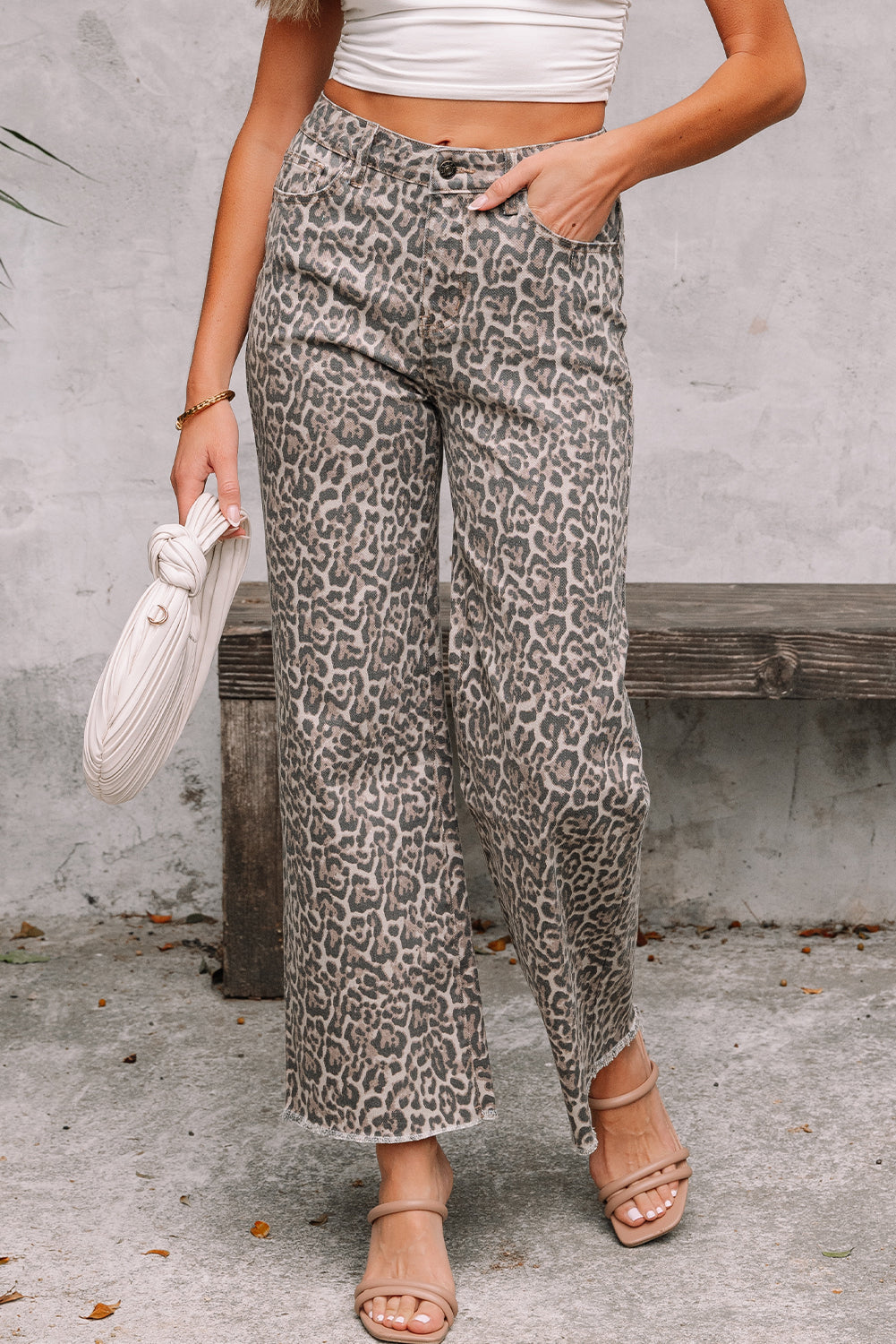 brown leopard frayed edge wide leg high waist jeans
