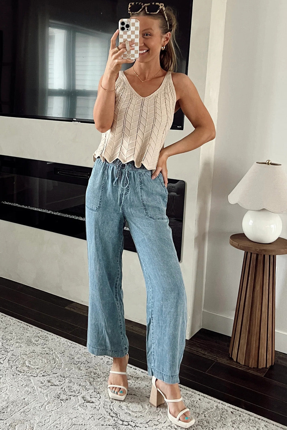 myosotis mineral wash drawstring waist loose straight denim pants
