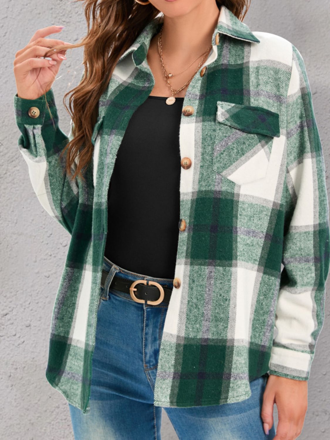 full size pocketed plaid collared neck shacket