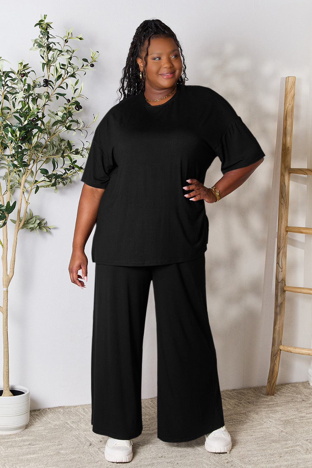 double take full size round neck slit top and pants set