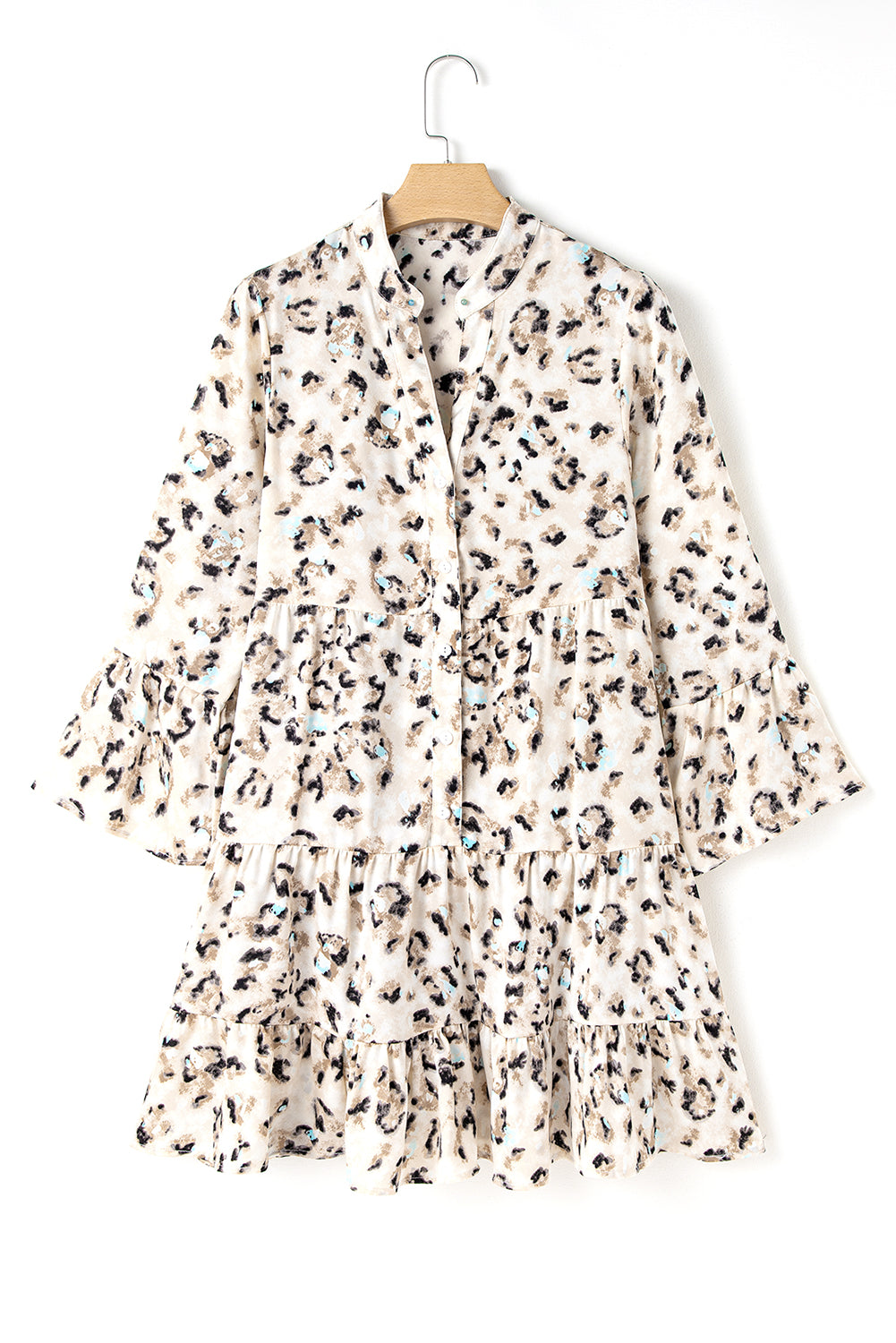 khaki leopard print buttoned front 3/4 sleeve tiered ruffled hem dress