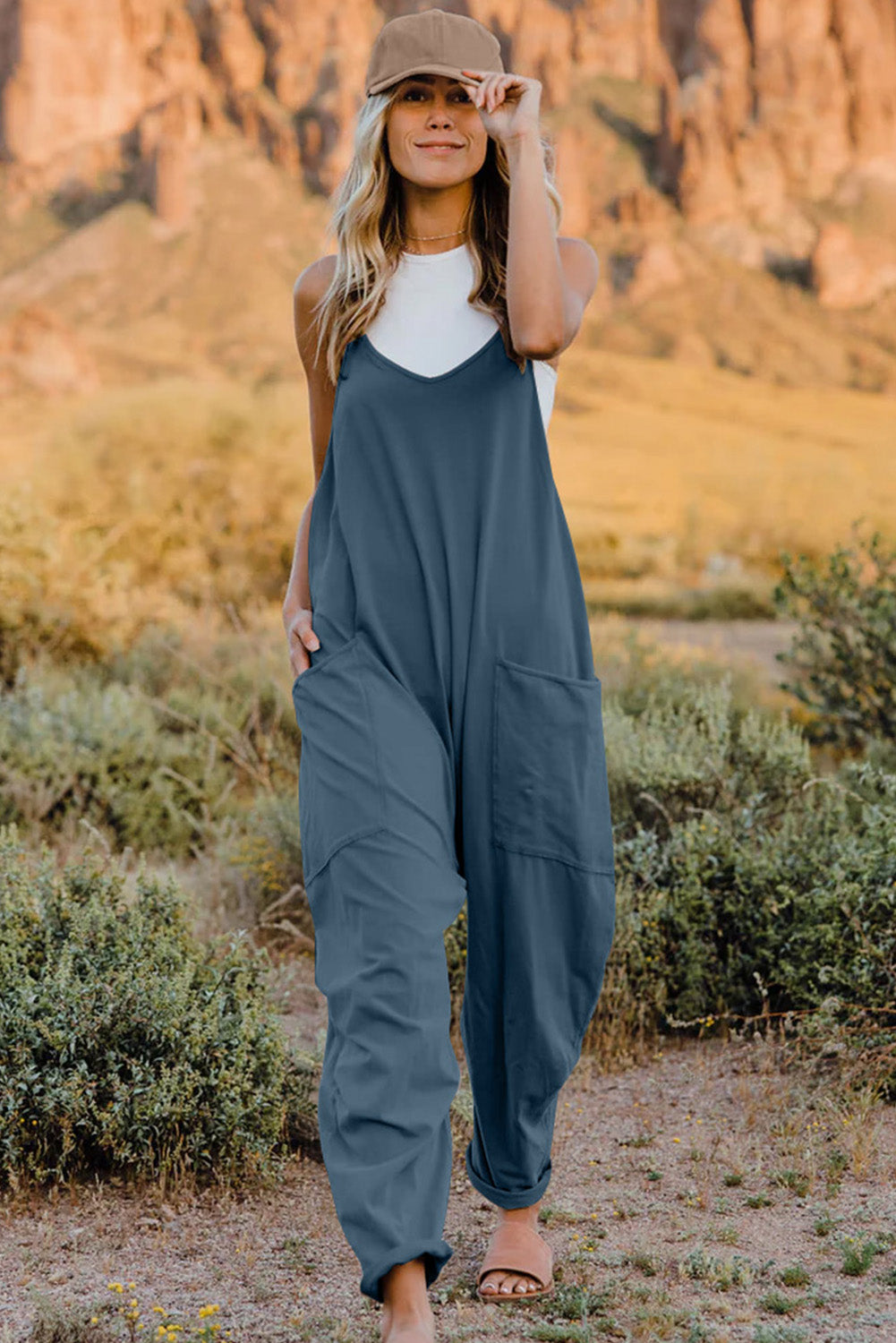 double take full size v-neck sleeveless jumpsuit with pockets