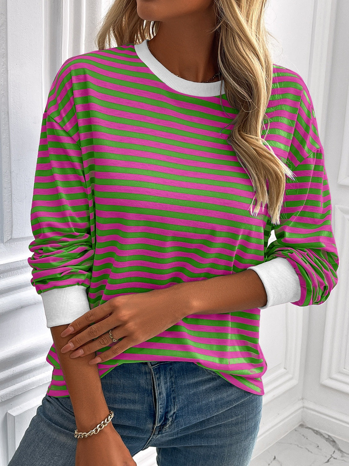 ivy lane striped round neck long sleeve sweatshirt