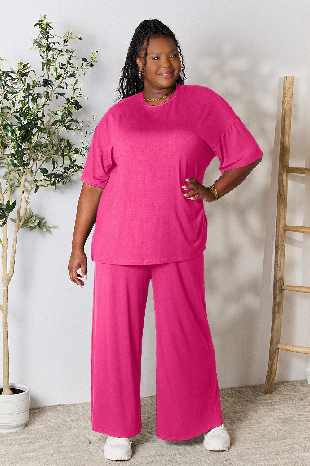 double take full size round neck slit top and pants set