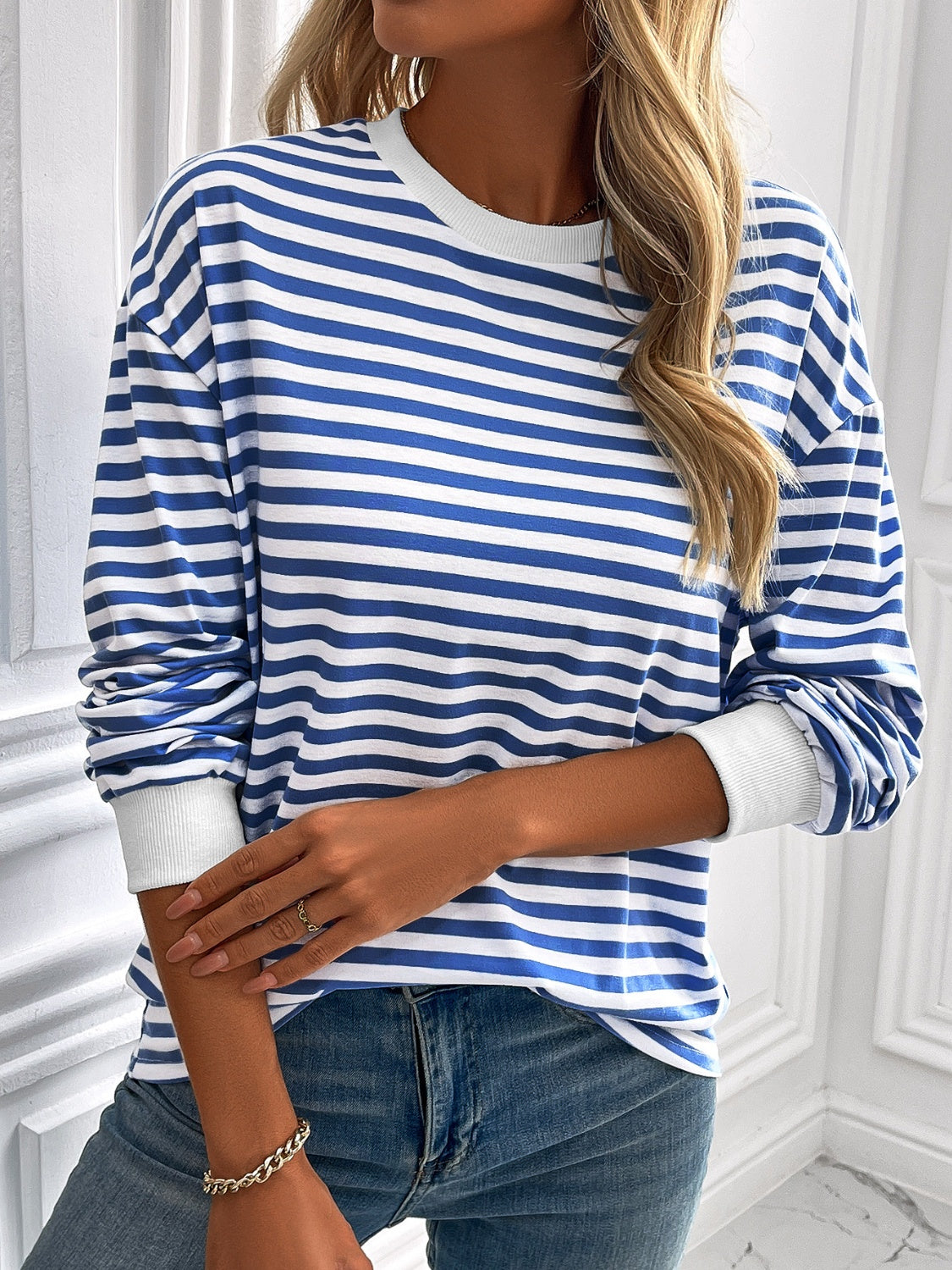 ivy lane striped round neck long sleeve sweatshirt