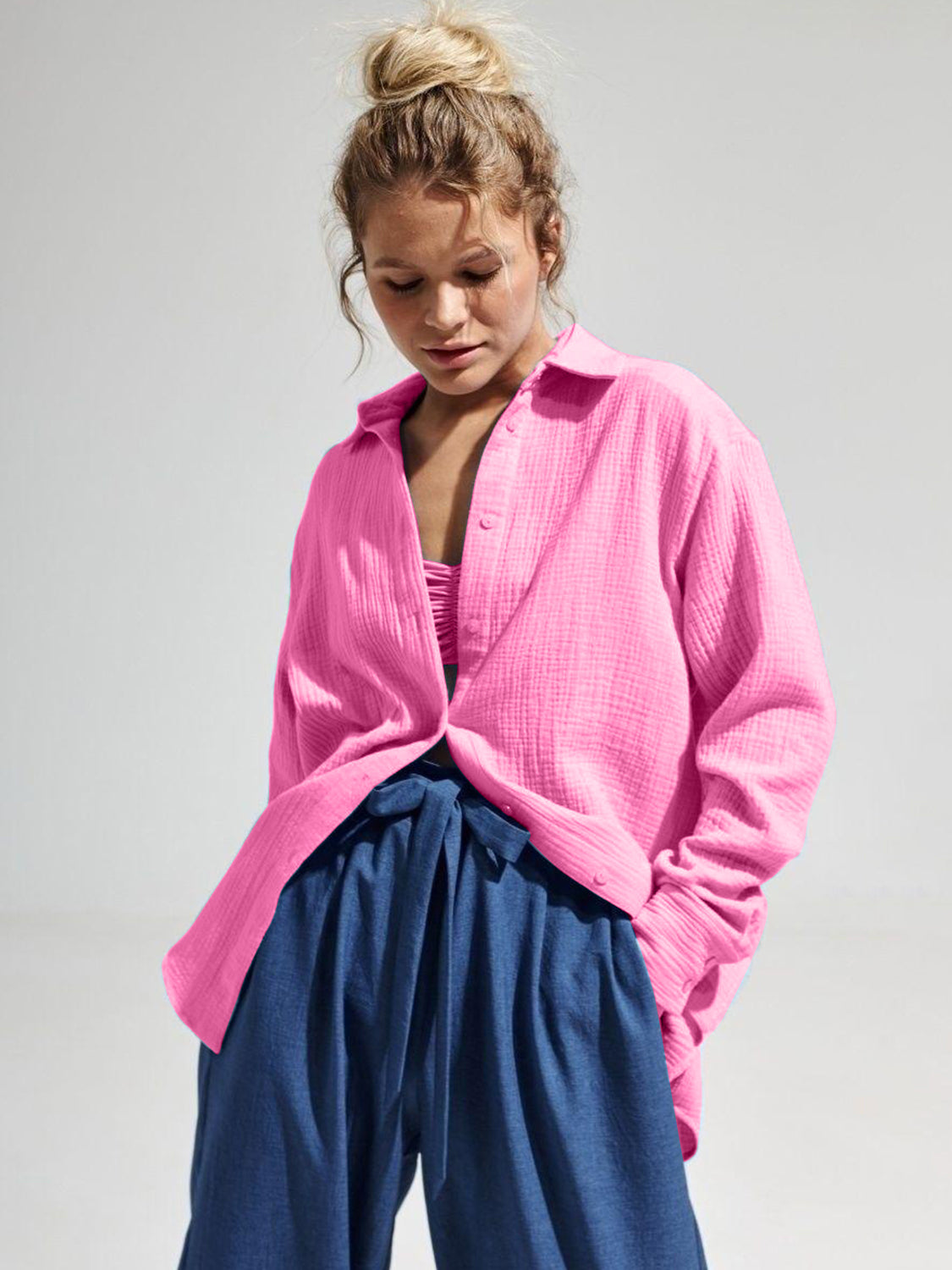 textured collared neck long sleeve shirt