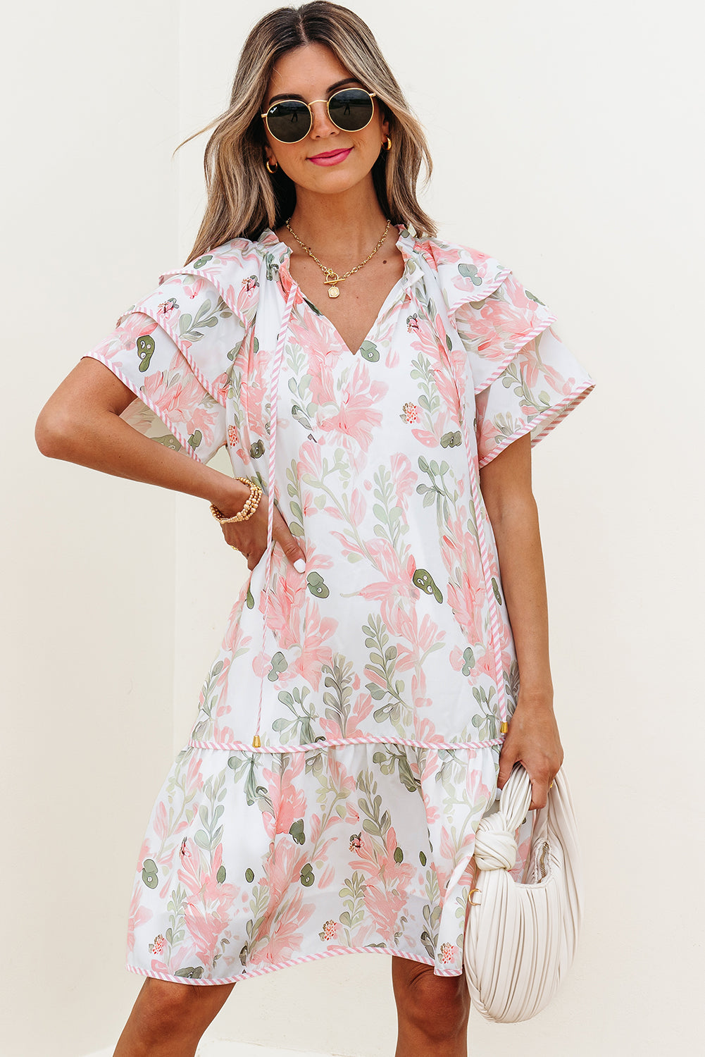 pink floral contrast edge layered short sleeve mini dress