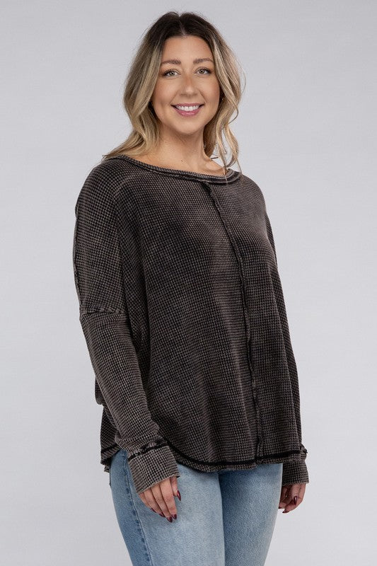 plus washed baby waffle oversized long sleeve top
