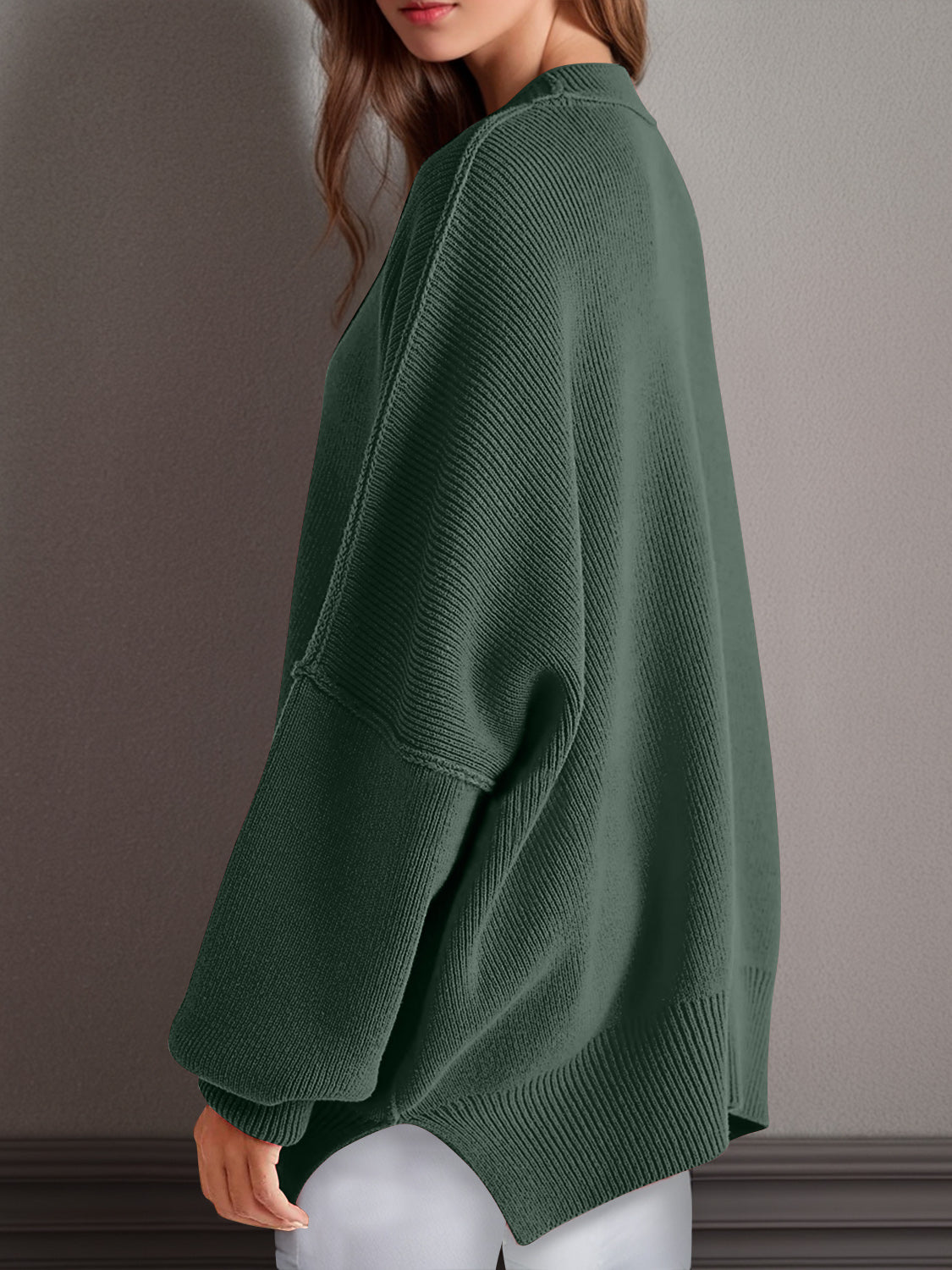 double take side slit round neck long sleeve sweater