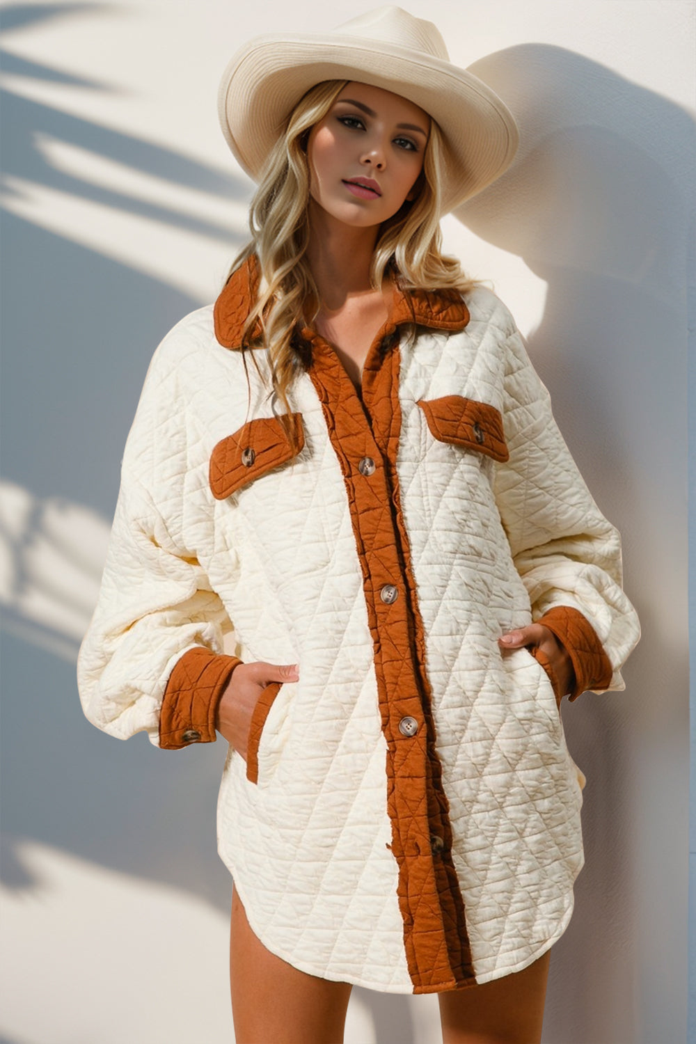 double take full size contrast button up quilted shacket