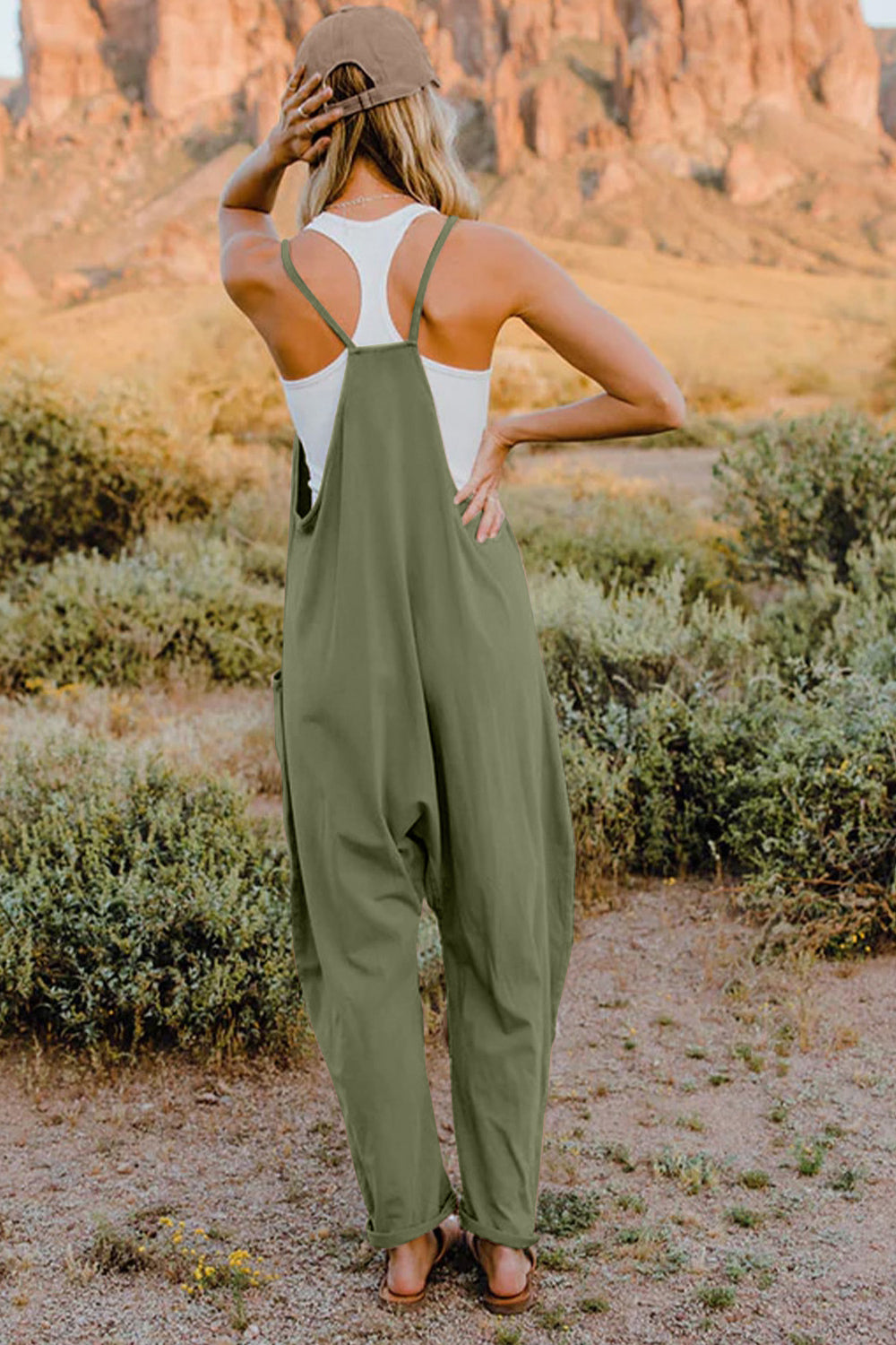 double take full size v-neck sleeveless jumpsuit with pockets