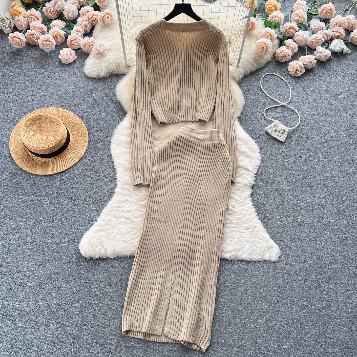 french style retro v-neck long sleeve cardigan top skinny sheath skirt two-piece set