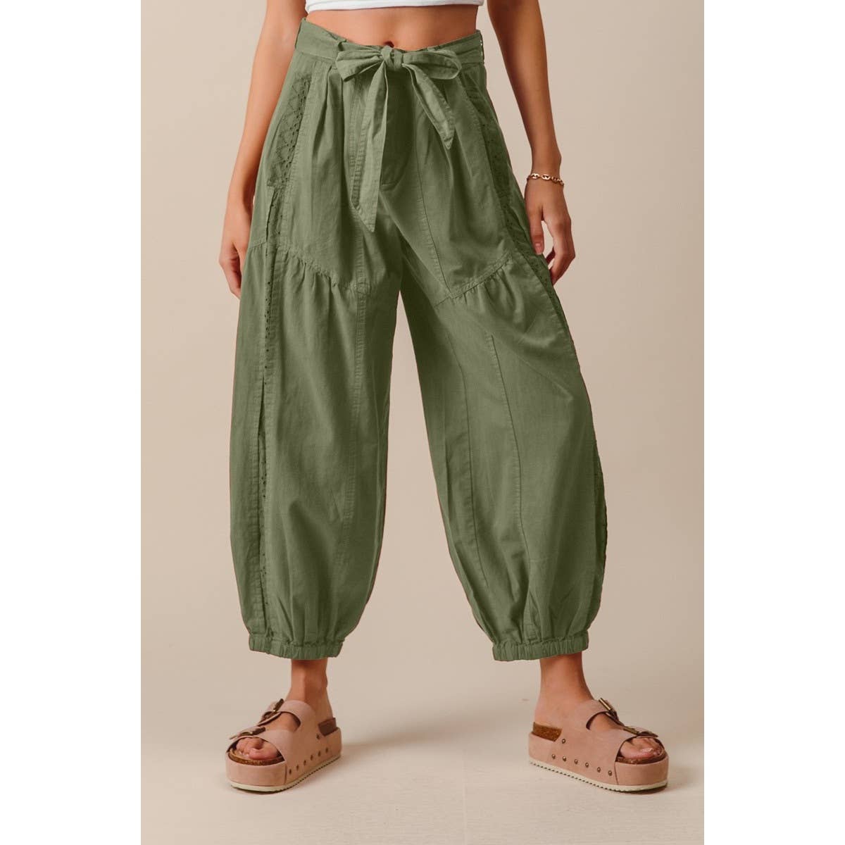 eyelet lace trimmed jogger pants