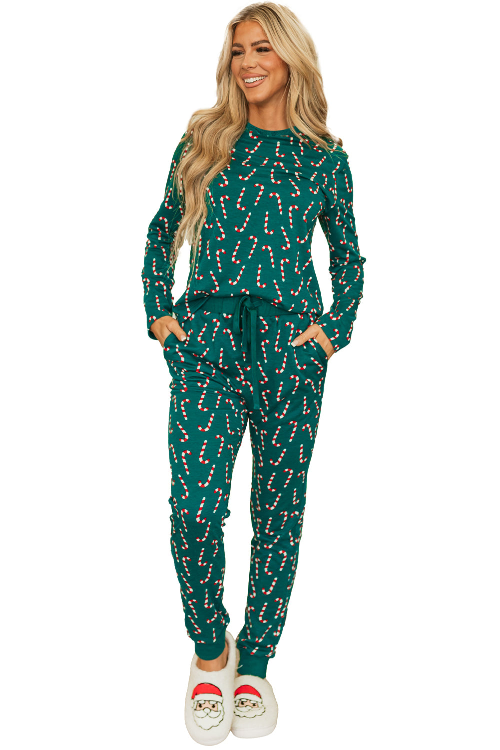 green christmas candy cane printed top and pants lounge set