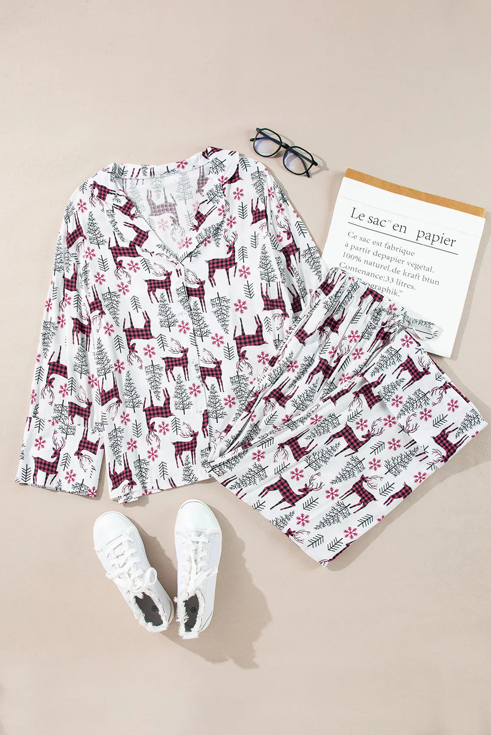 printed long sleeve top and drawstring pants lounge set