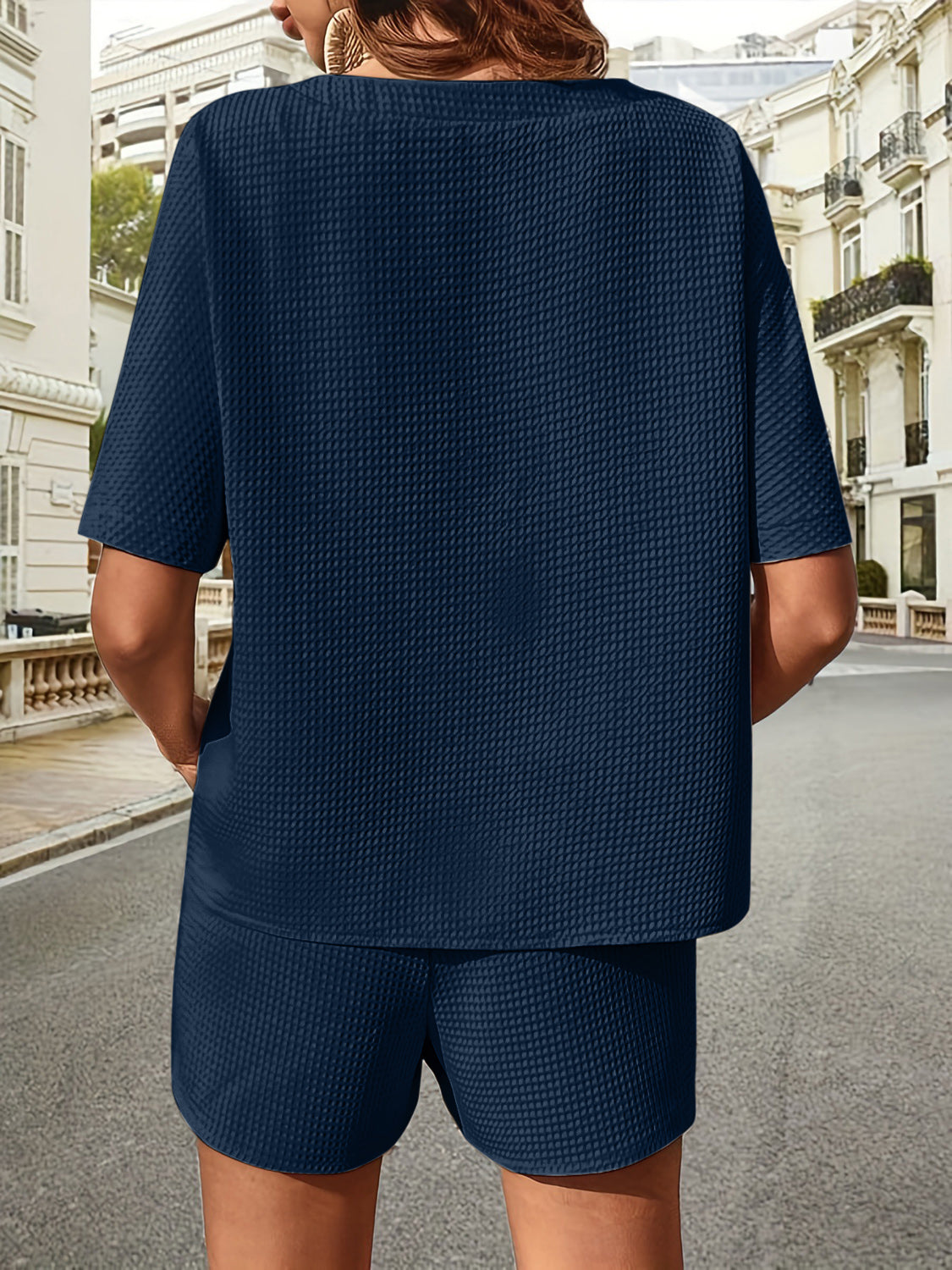 waffle-knit half sleeve top and shorts set