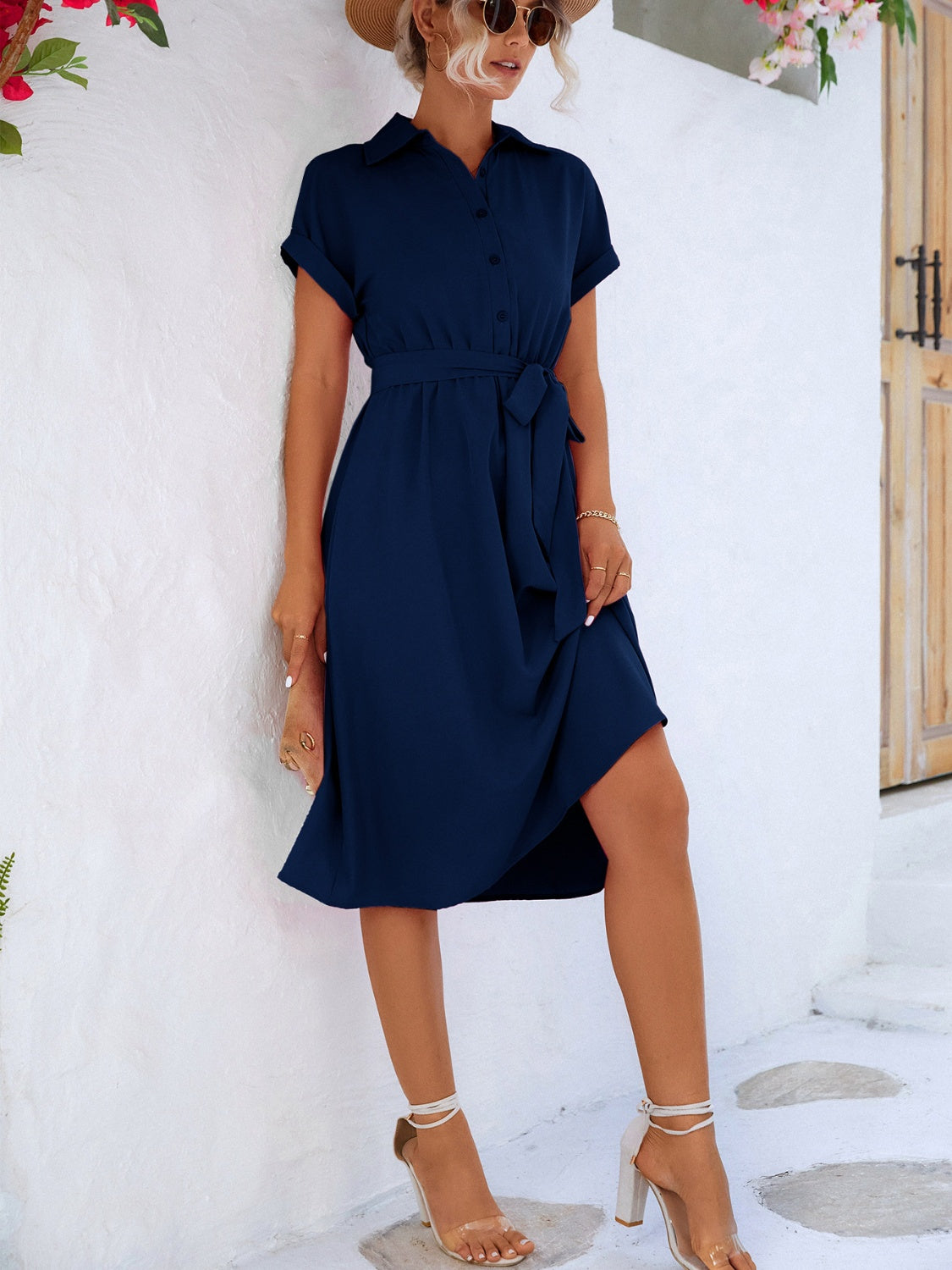 buttoned tie waist short sleeve dress
