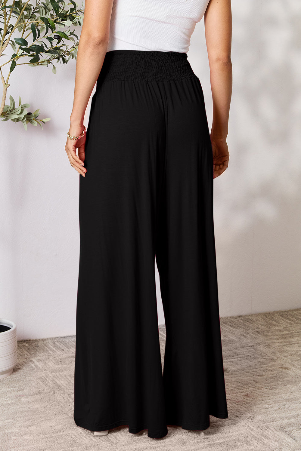 double take full size smocked wide waistband wide leg pants