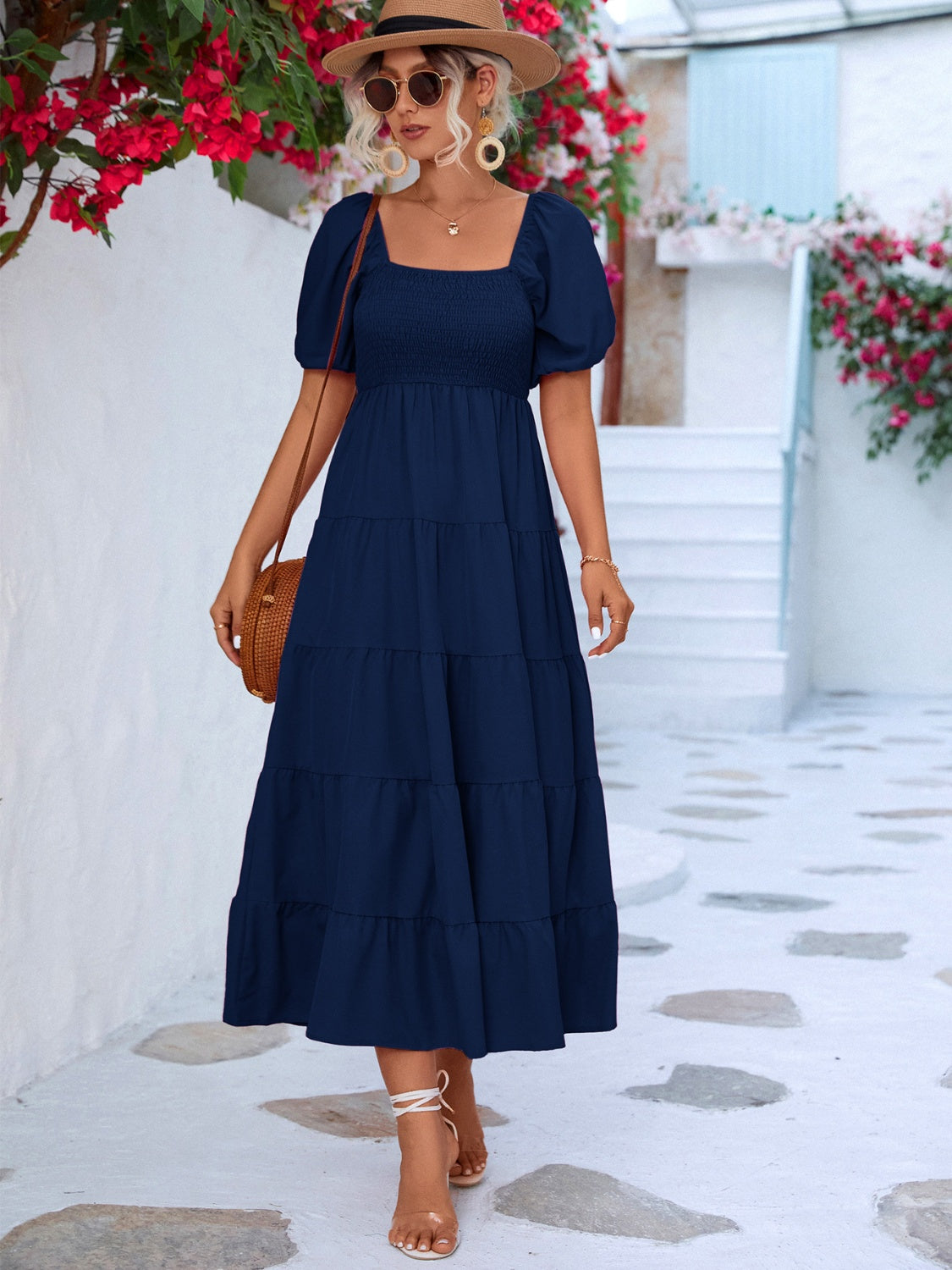 tiered smocked short sleeve dress