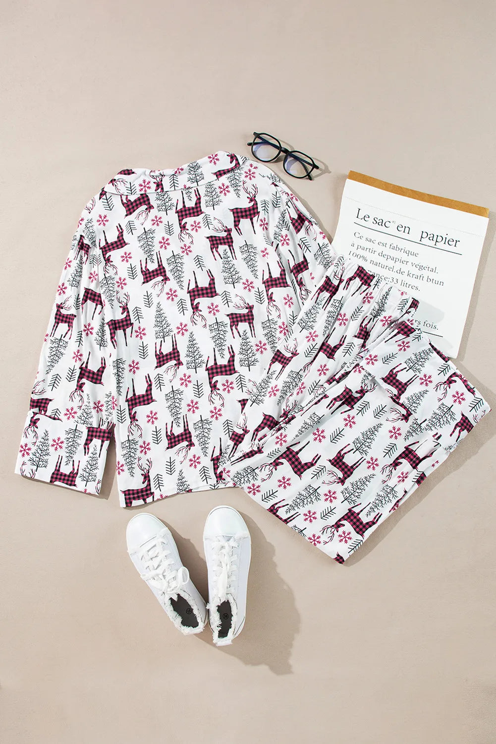 printed long sleeve top and drawstring pants lounge set