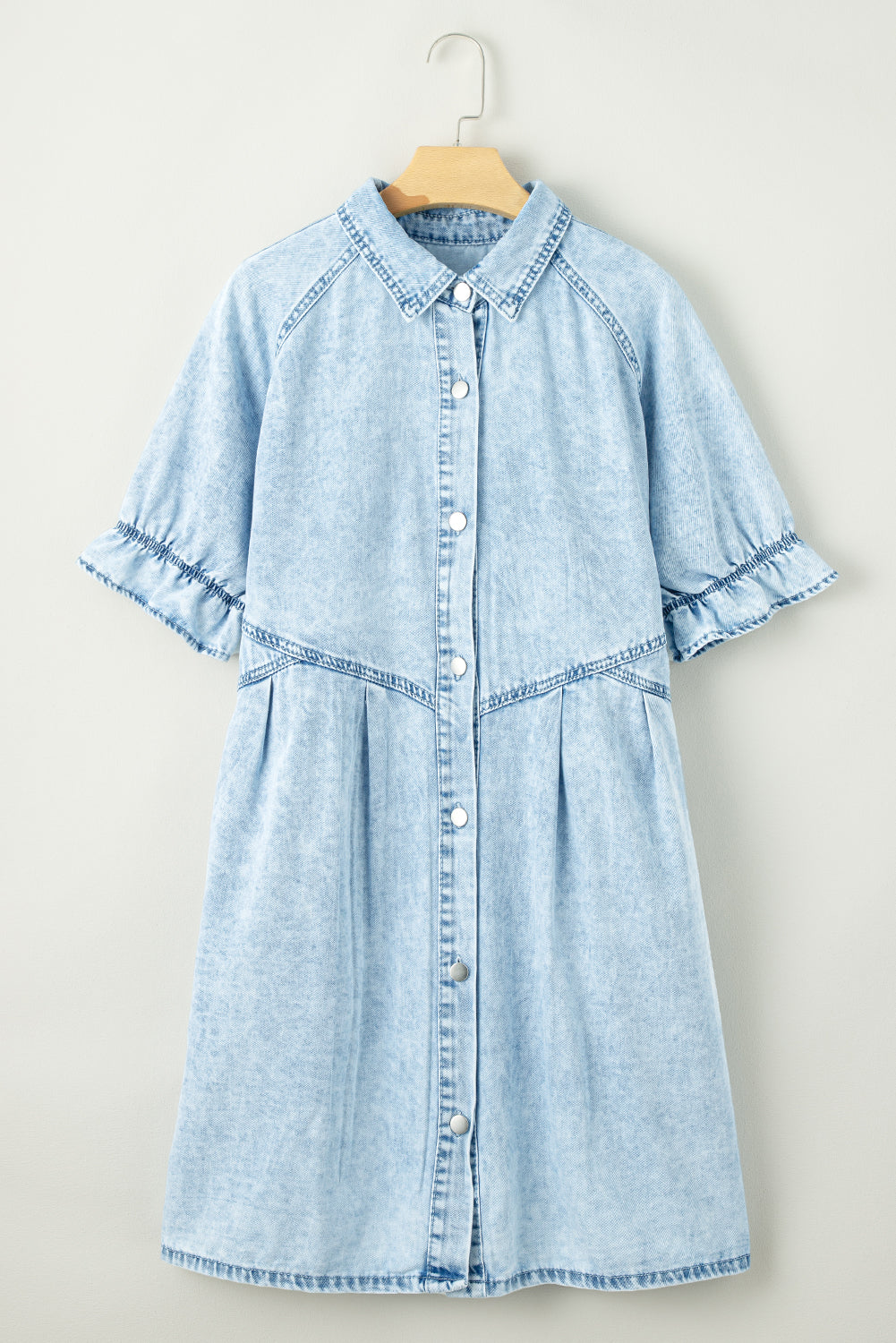 beau blue mineral wash ruffled short sleeve buttoned denim dress