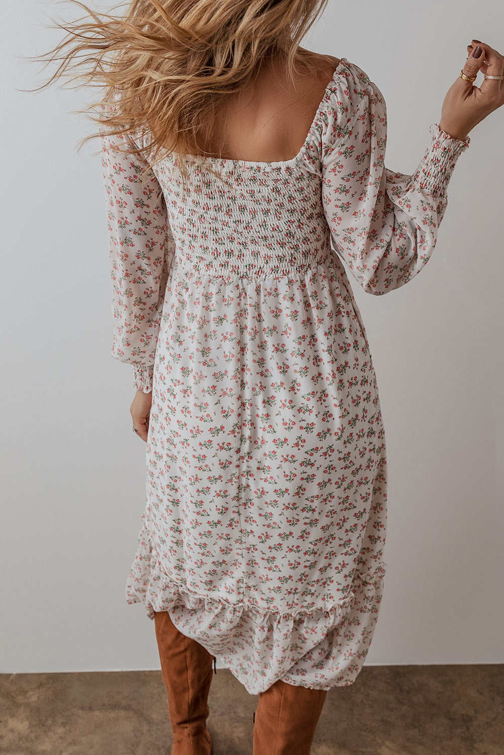 white floral print shirred ruffled hem square neck midi dress