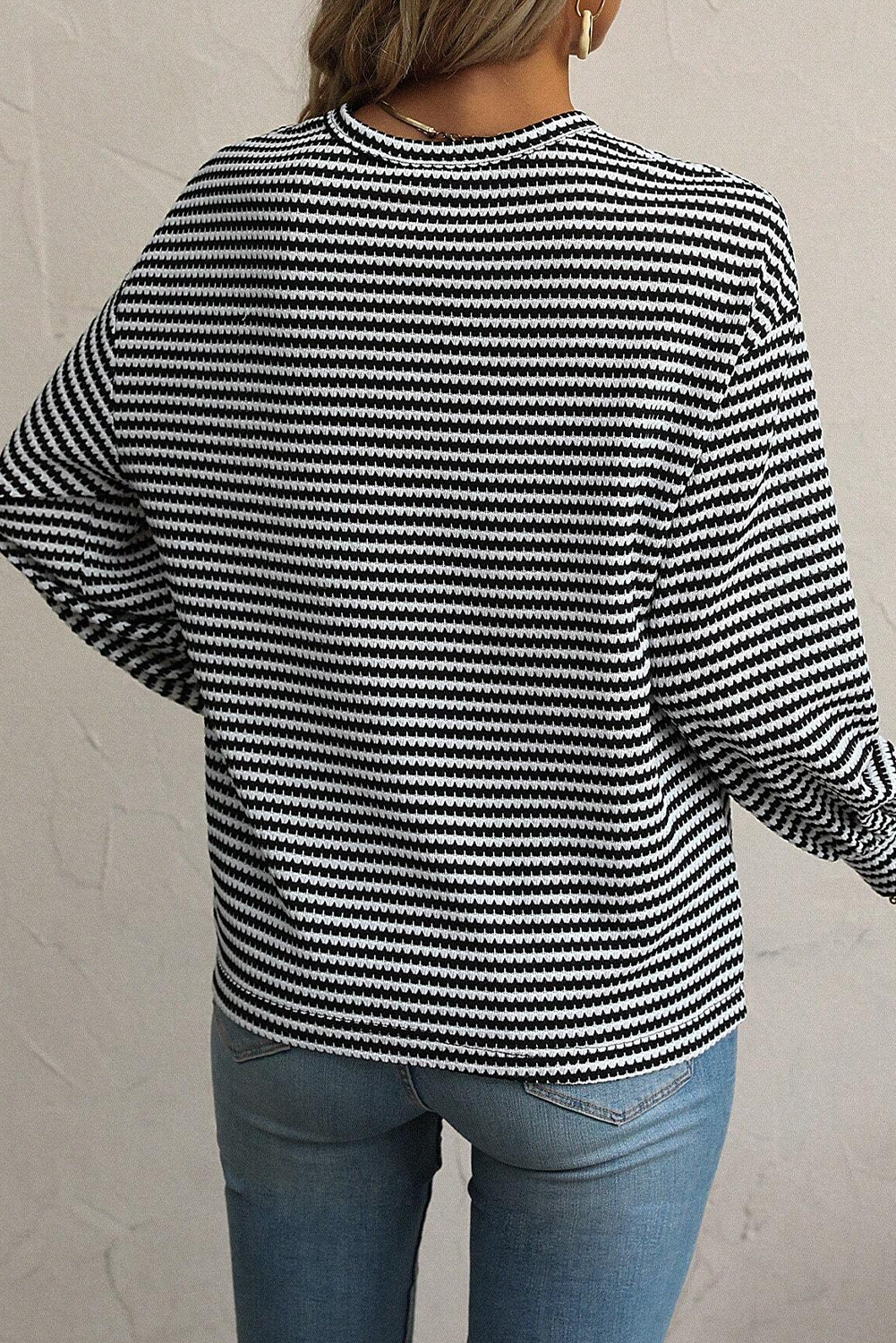 black stripe round neck drop shoulder long sleeve top