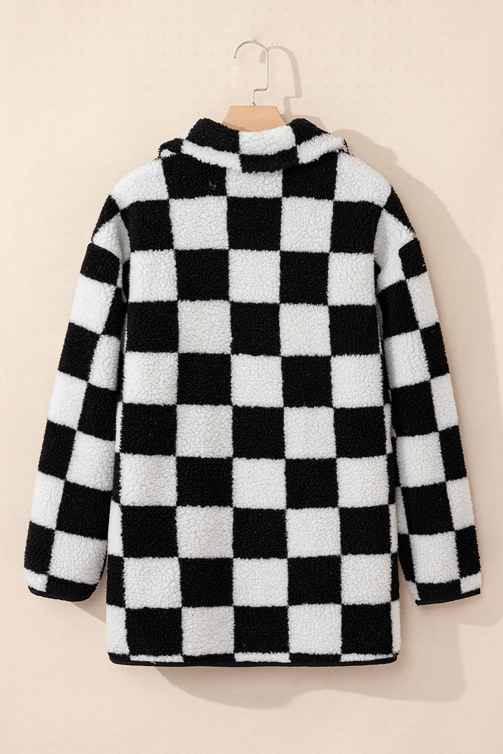 black checkered side pockets collared buttoned fleece jacket