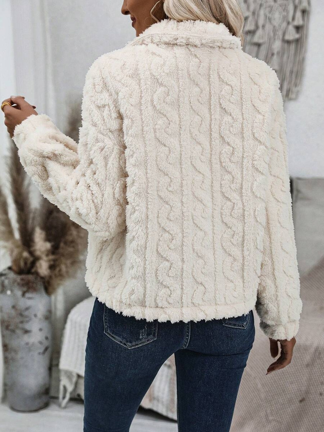 fuzzy button up collared neck jacket
