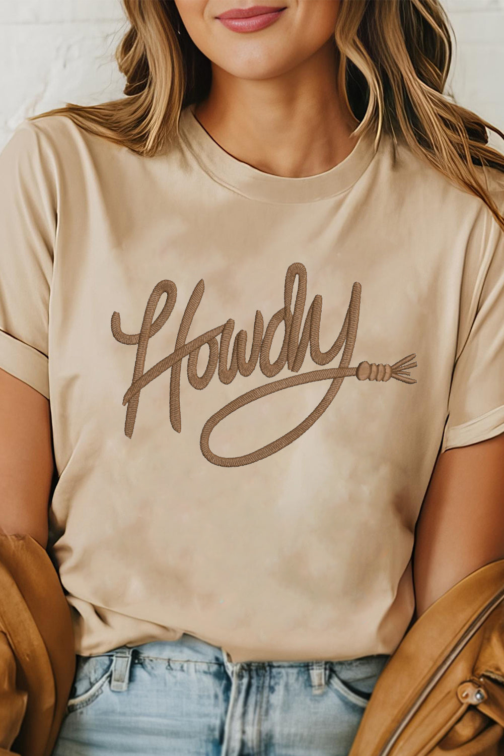 khaki howdy embroidered graphic western tee