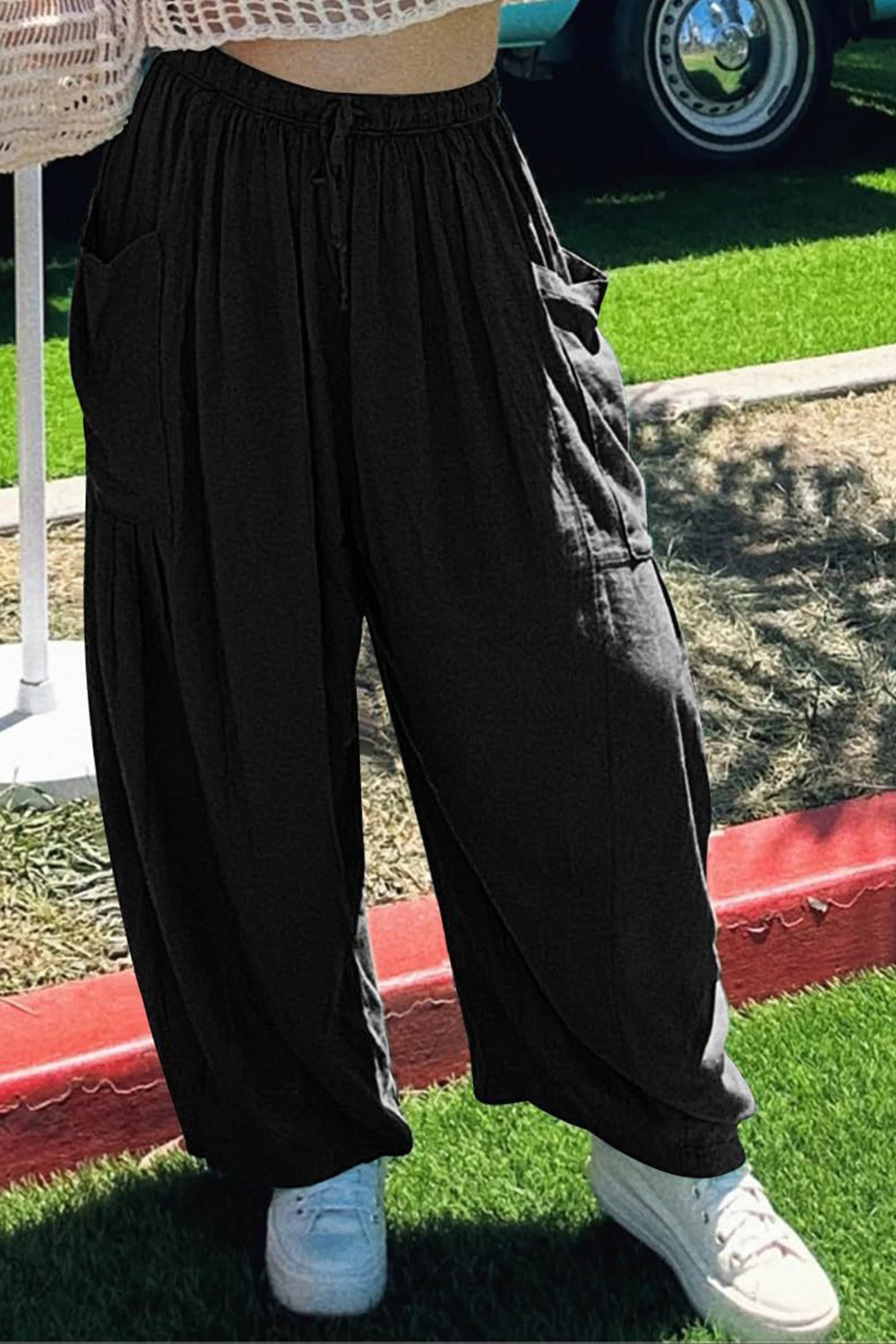 full size pocketed drawstring wide leg pants