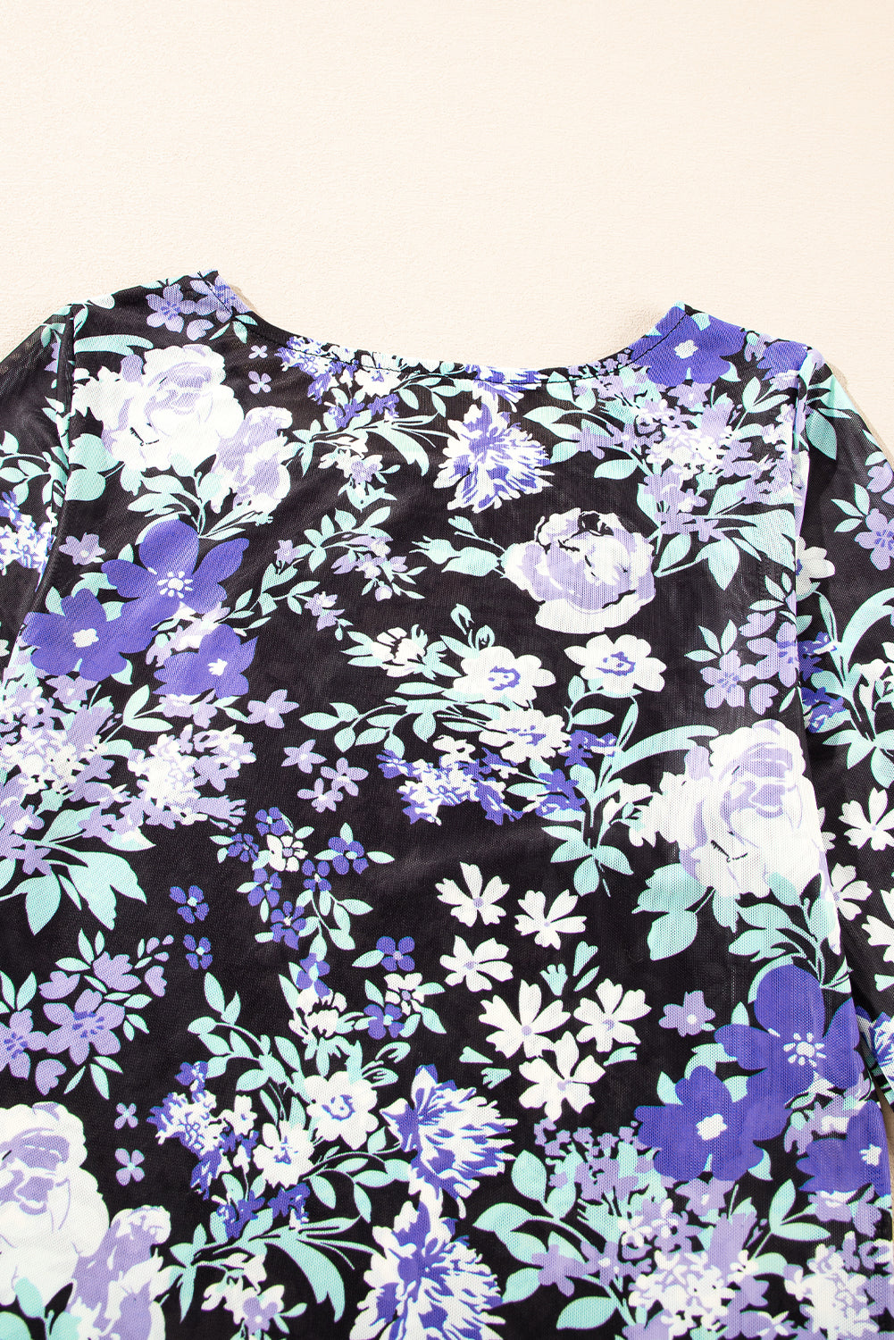 black floral print mesh fitted long sleeve top