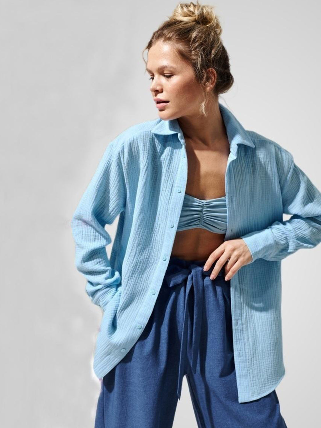 textured collared neck long sleeve shirt
