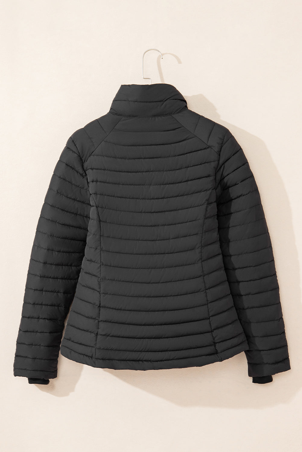 black solid color quilted zip-up puffer jacket