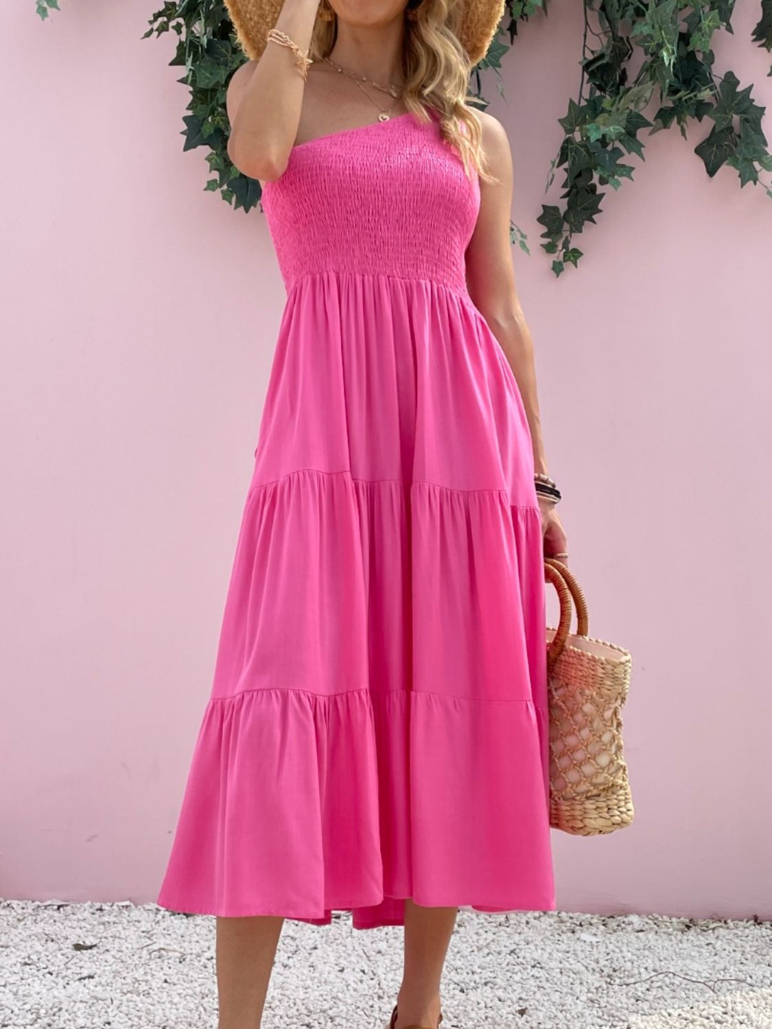 smocked single shoulder sleeveless dress
