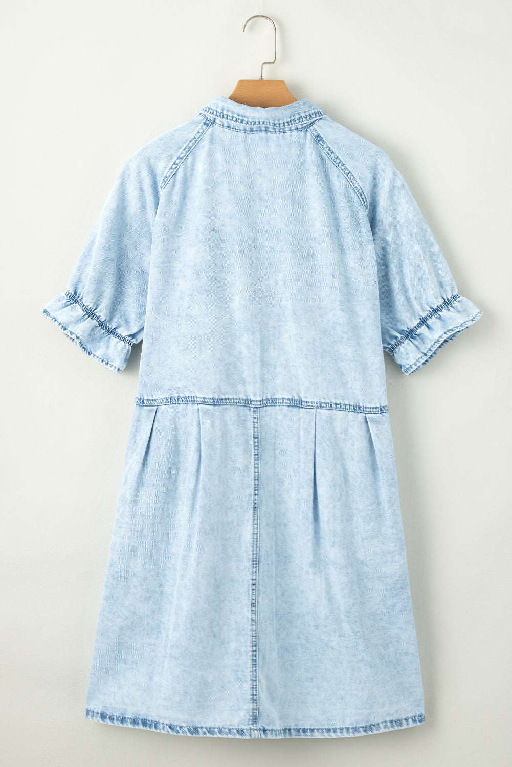 beau blue mineral wash ruffled short sleeve buttoned denim dress