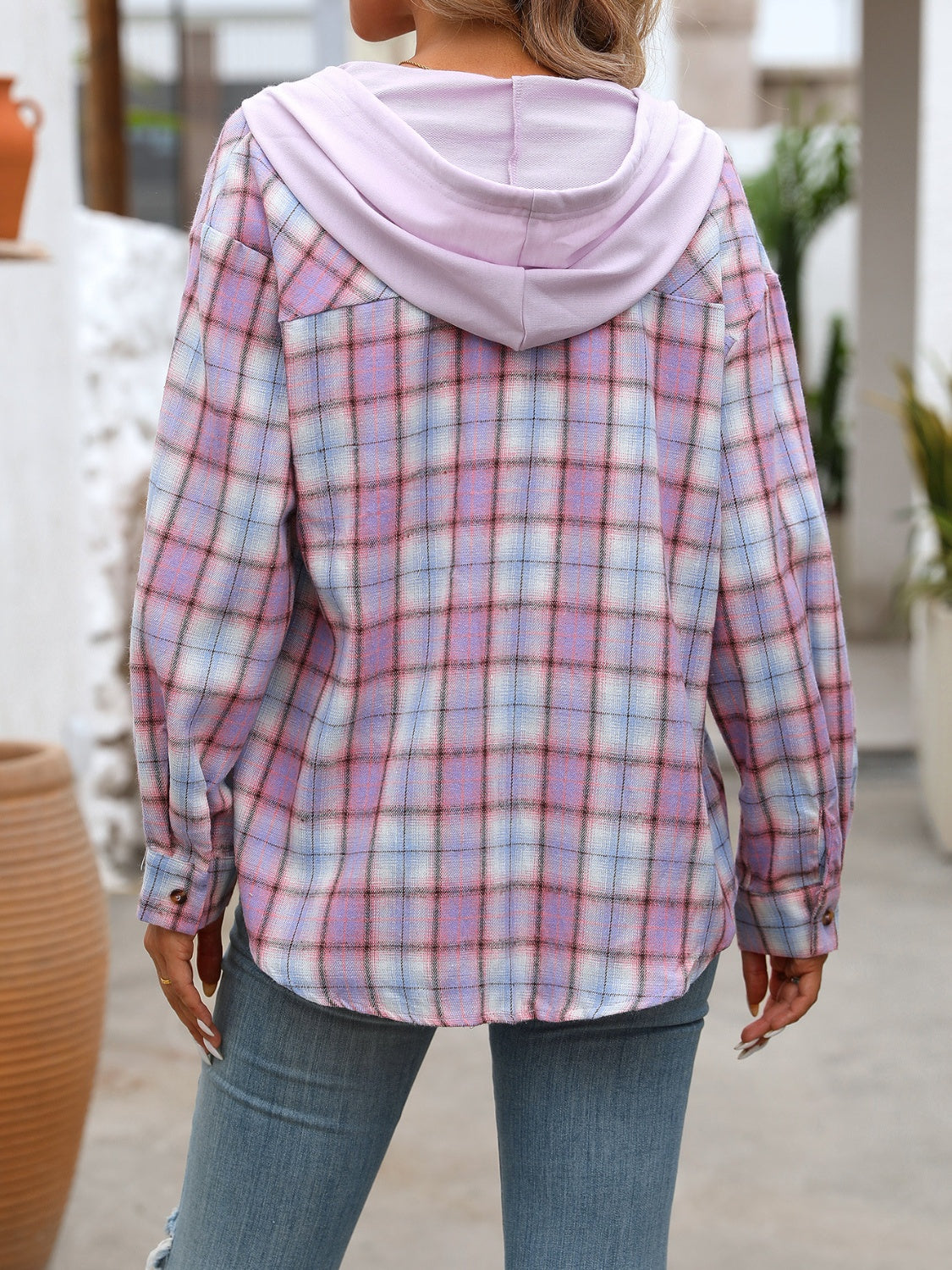 plaid long sleeve hooded jacket