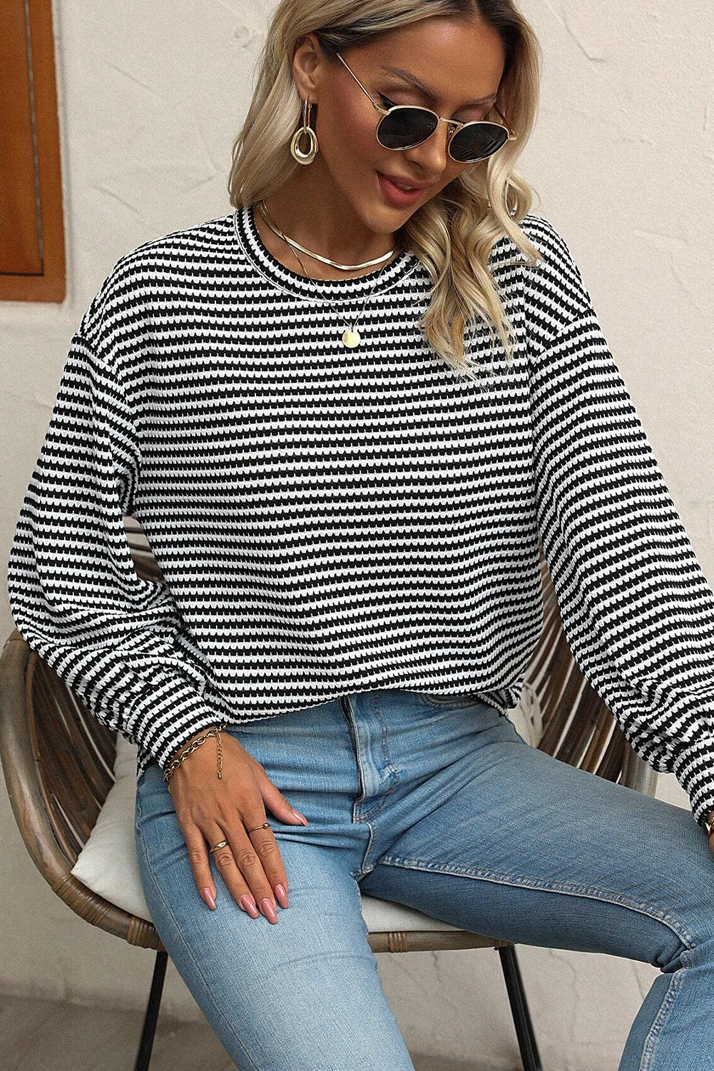 black stripe round neck drop shoulder long sleeve top