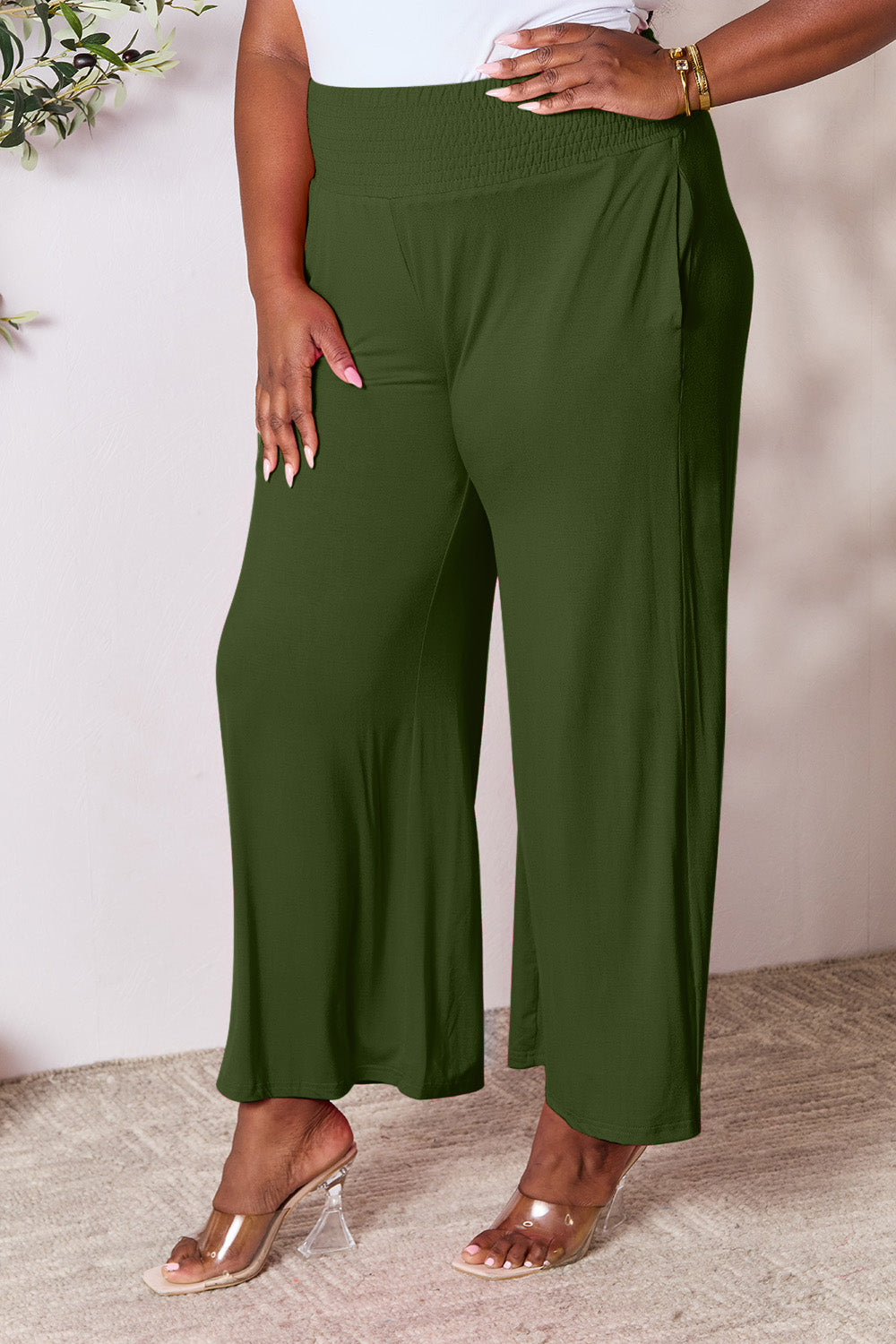 double take full size smocked wide waistband wide leg pants