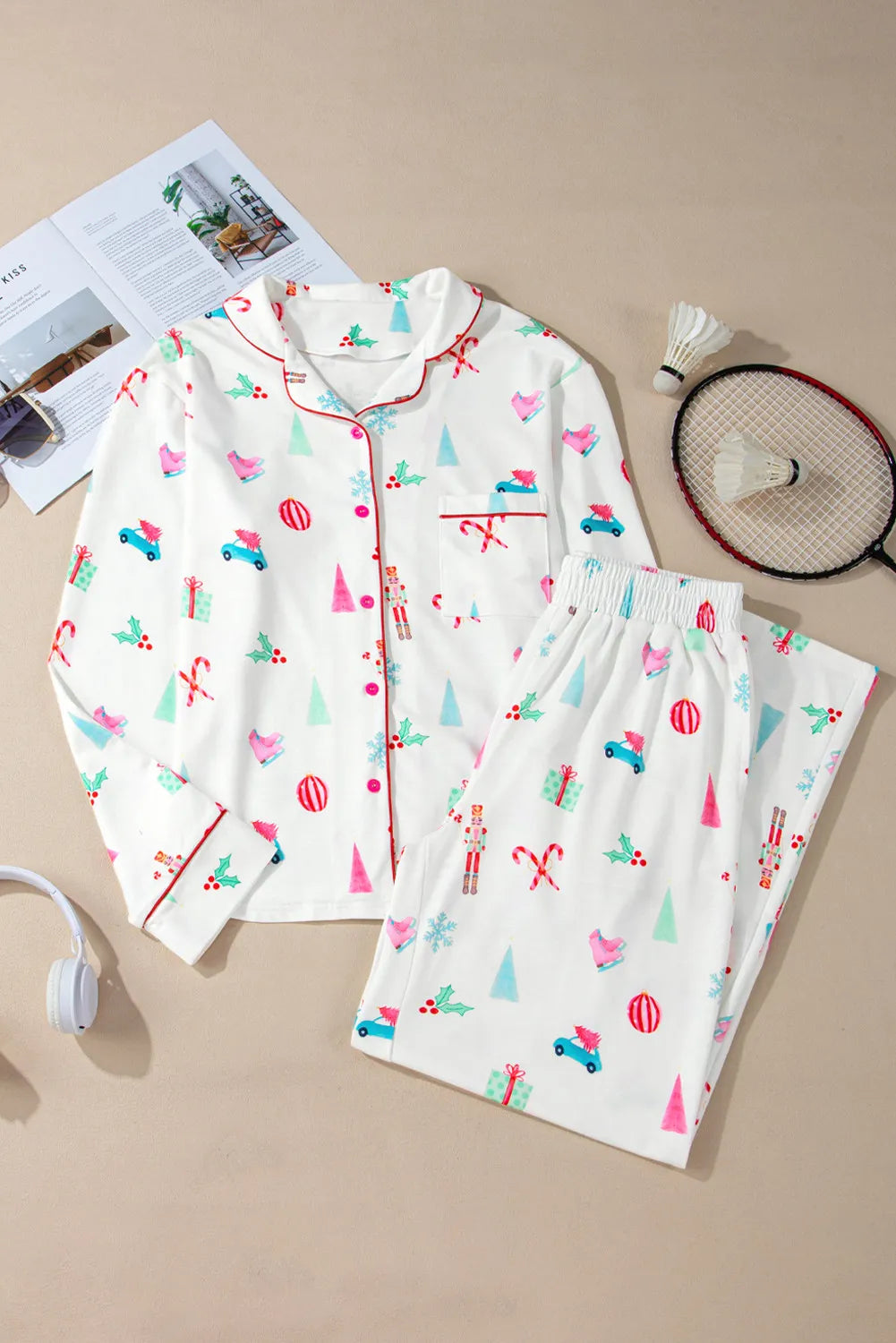 printed collared neck long sleeve top and pants lounge set
