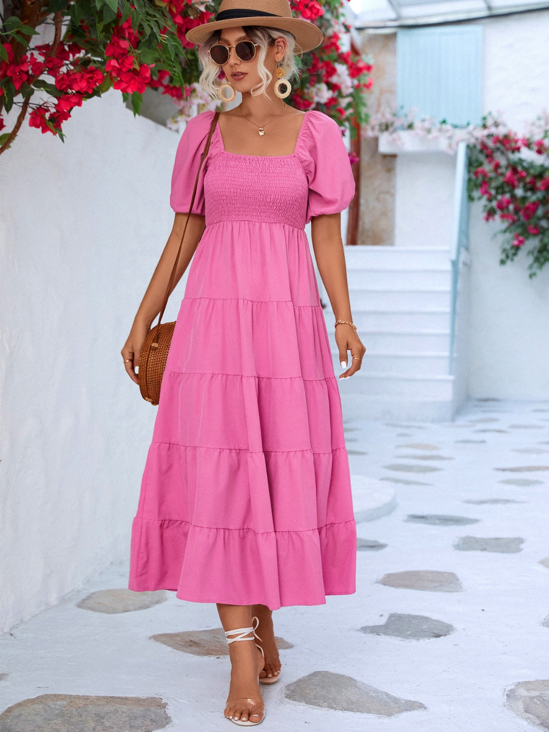 tiered smocked short sleeve dress