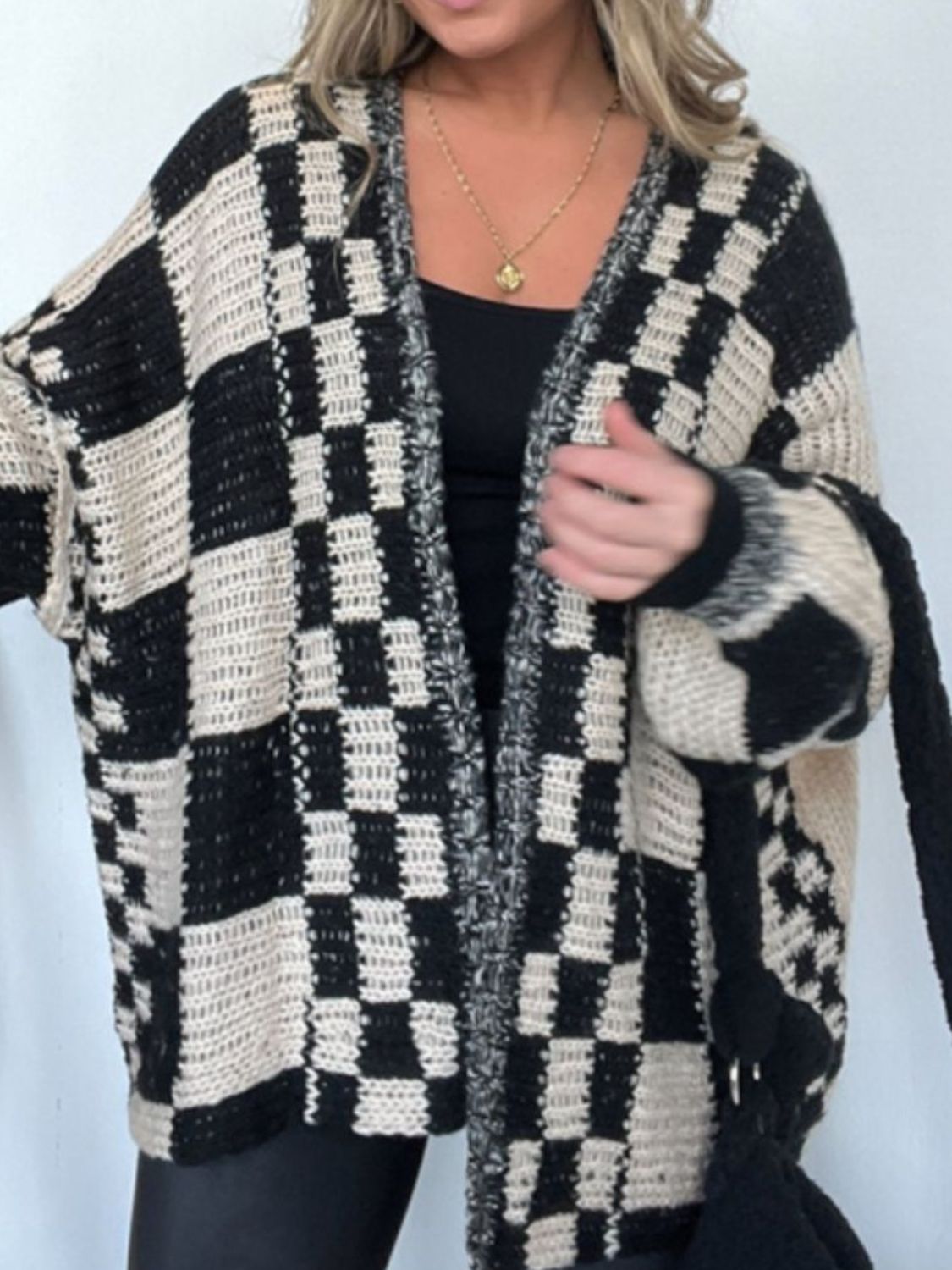 plaid open front long sleeve cardigan