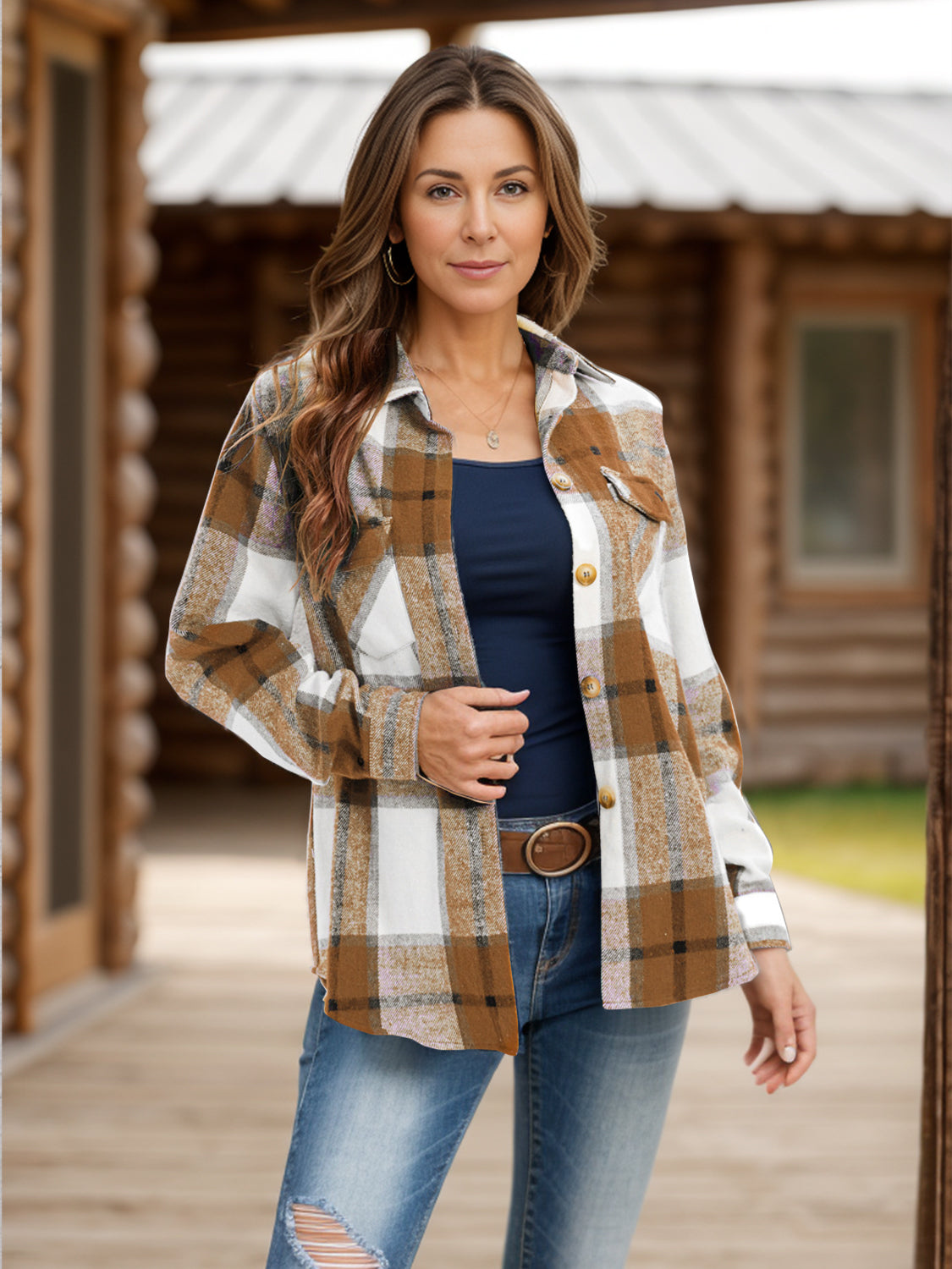 full size pocketed plaid collared neck shacket