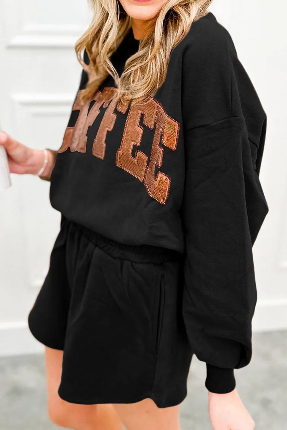 coffee sequin round neck long sleeve top and shorts set