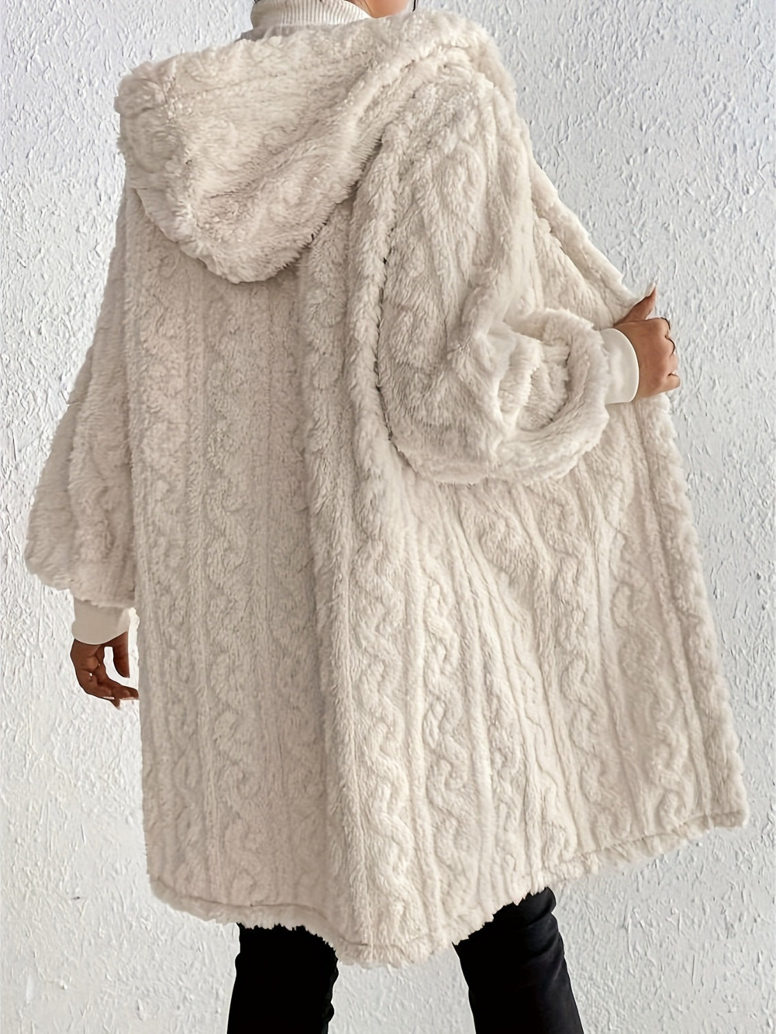 open front long sleeve fuzzy hooded jacket